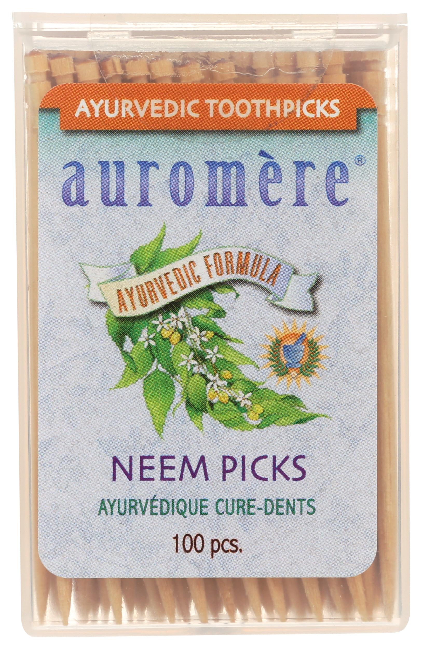 Auromere palillos neem con madera de abedul, empaque visible, para limpieza entre dientes