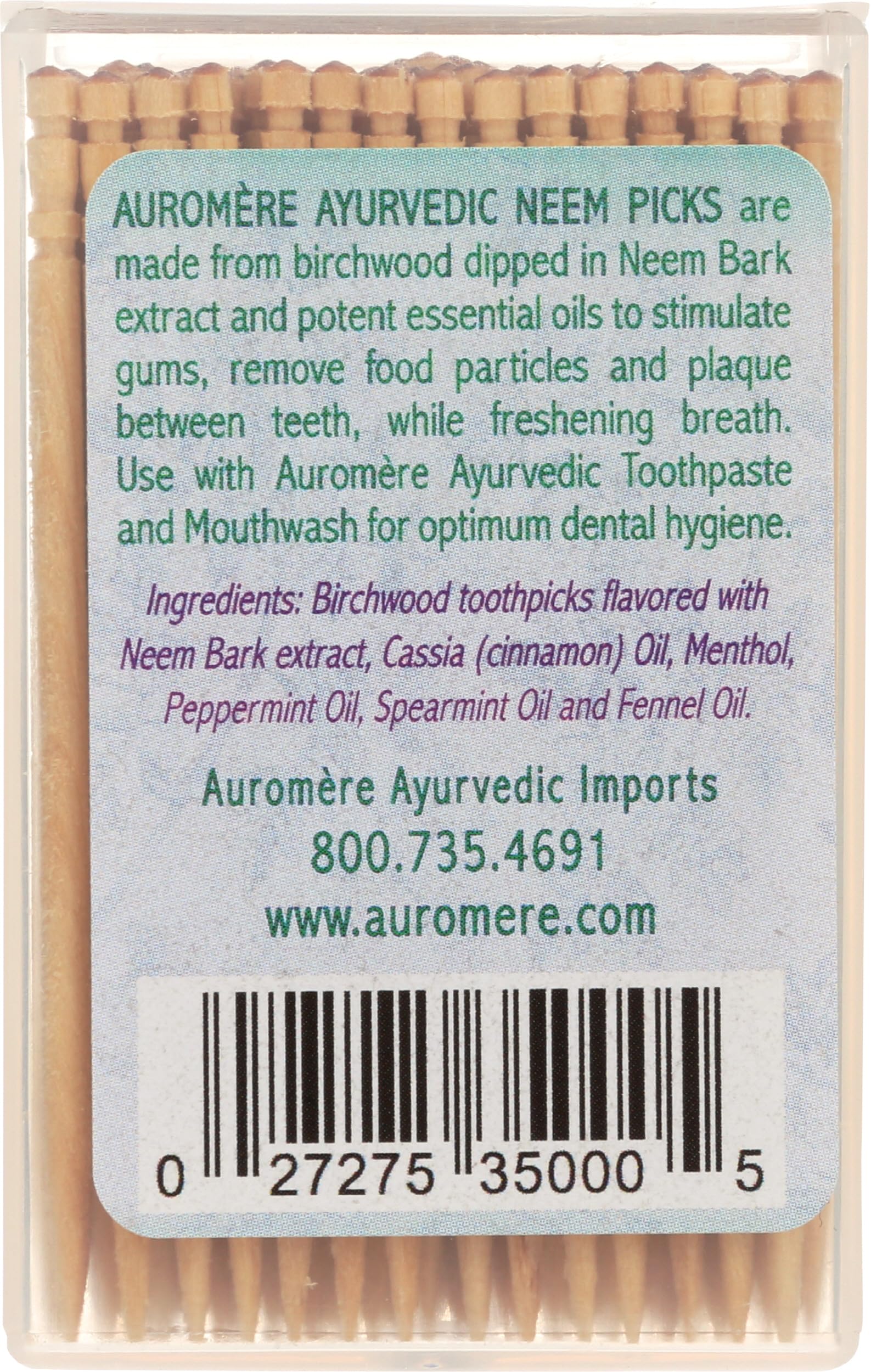 Palillos neem Auromere primer plano, madera de abedul, ayuda a eliminar partículas de comida