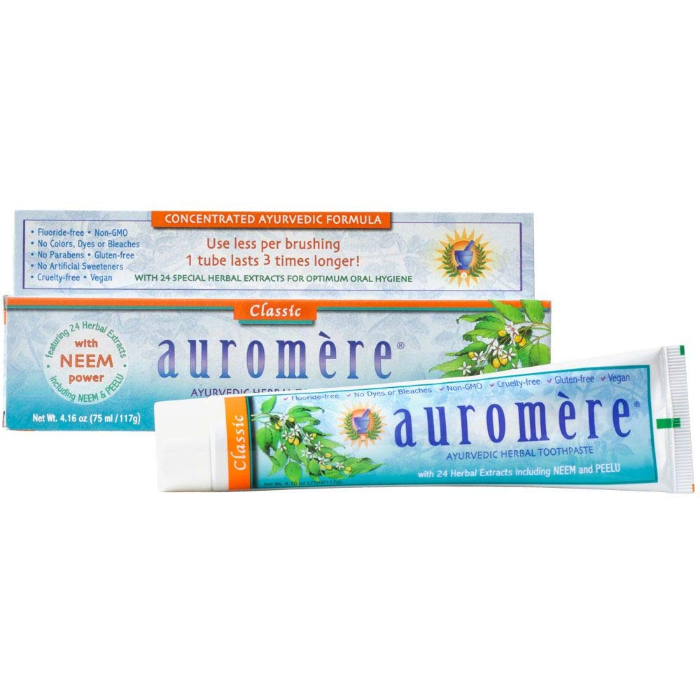Auromere pasta dental sabor regaliz clásico, aroma suave y frescura natural.