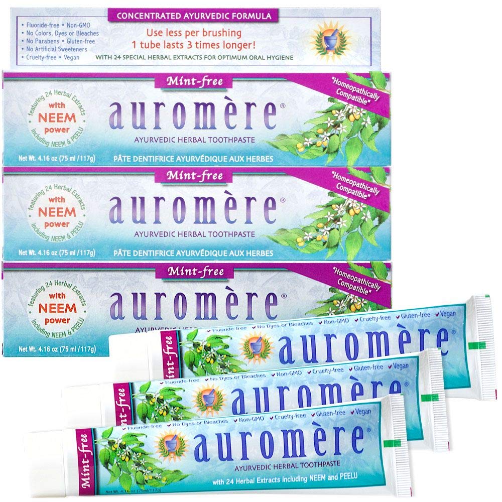 Auromere pasta dental sin menta, vista frontal, cuidado bucal suave y natural.