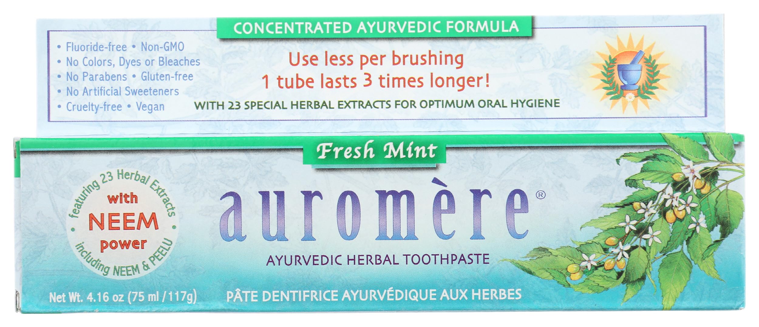 Envase de Auromere Freshmint para la higiene diaria.