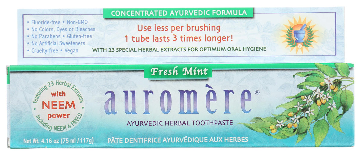 Envase de Auromere Freshmint para la higiene diaria.