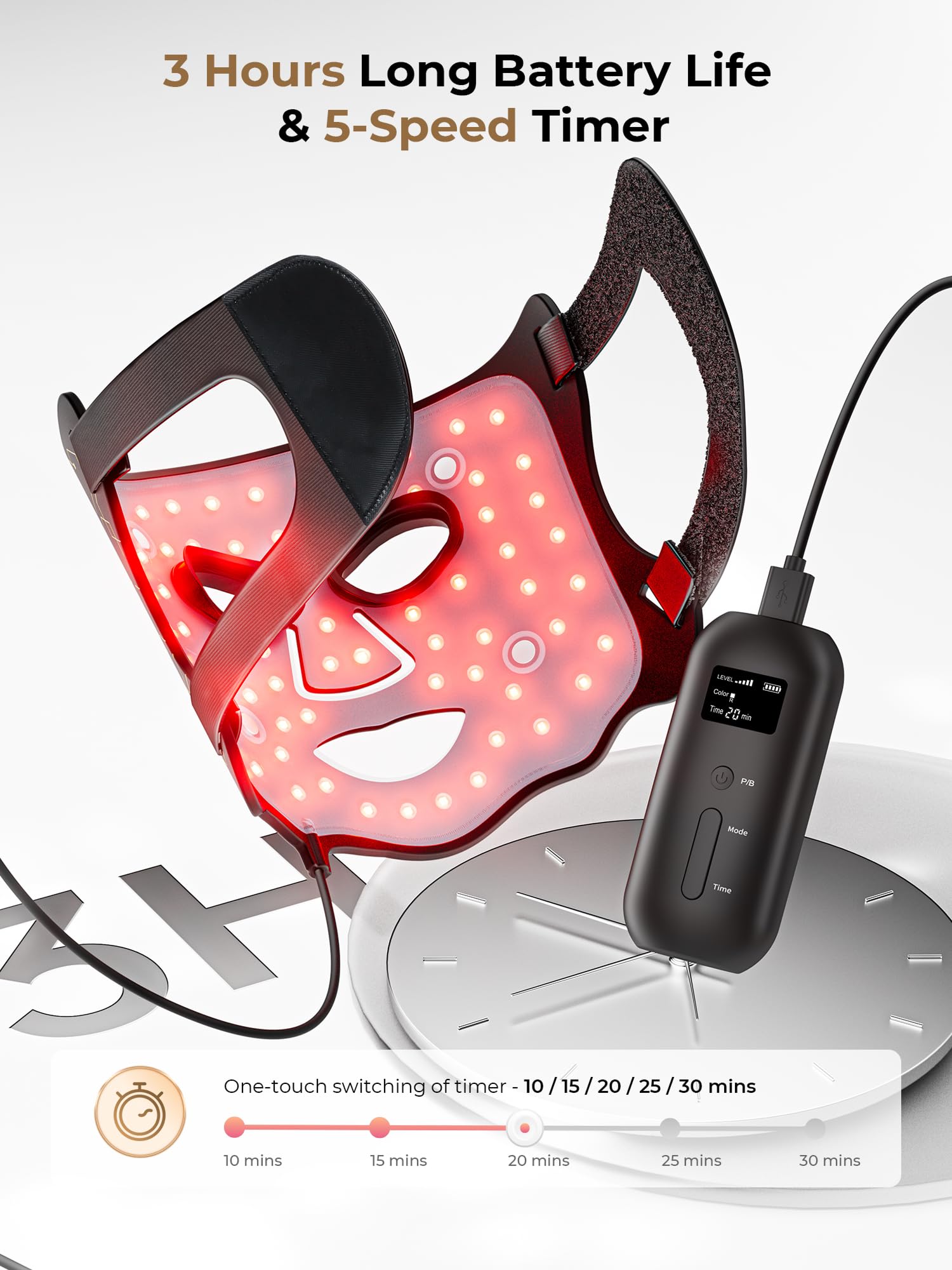 Aurphany máscara de luz con 5 temporizadores para sesiones personalizadas.