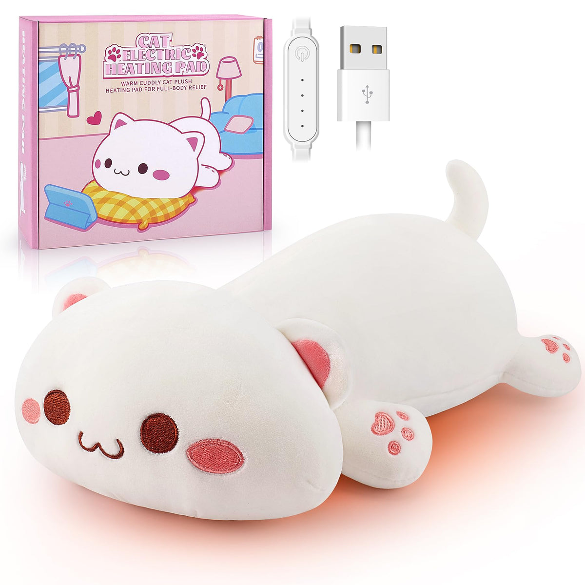 Auspicious Beginning gato blanco peluche con calor suave para uso relajante