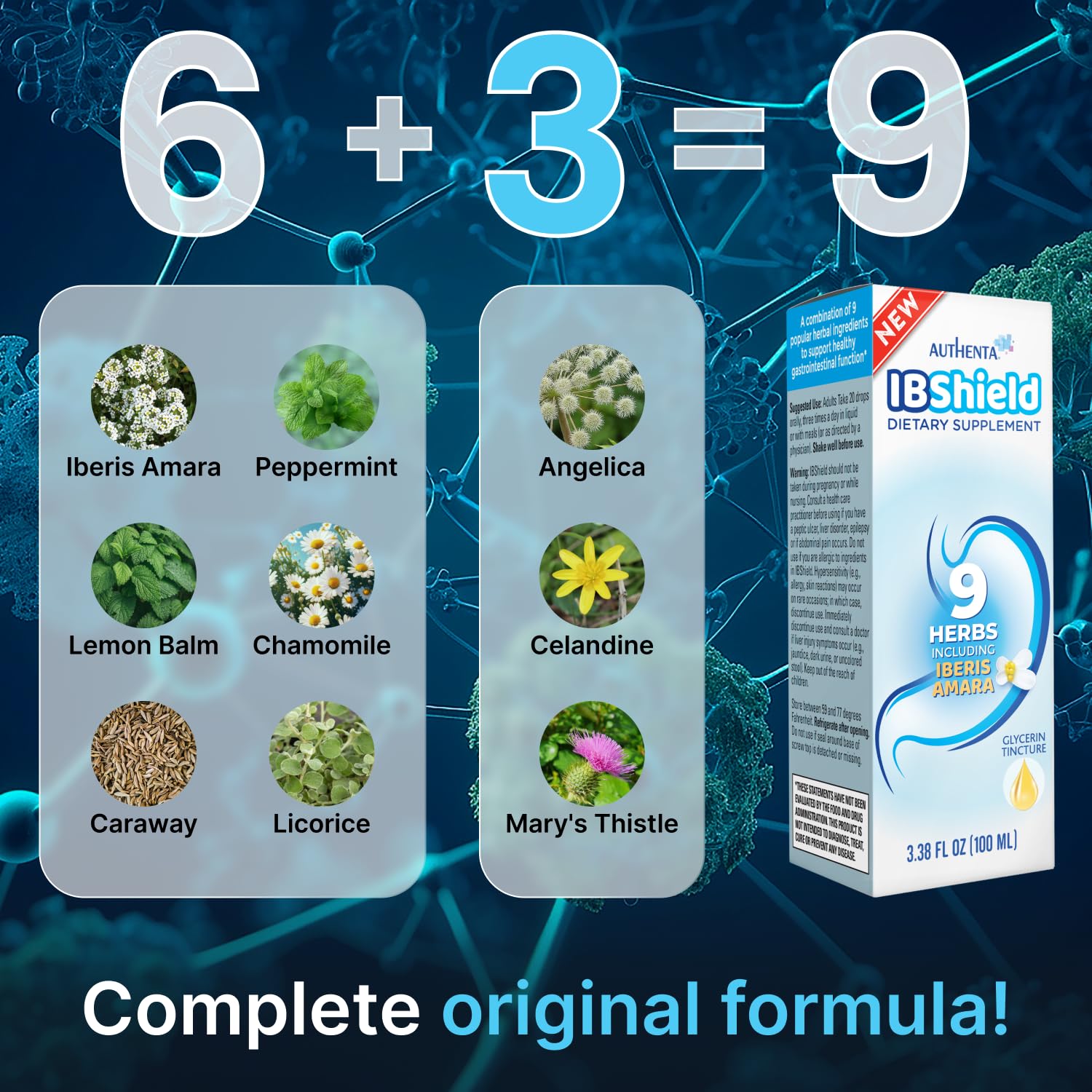 AUTHENTA IBShield, etiqueta-frente: fórmula herbal original para bienestar gastrointestinal