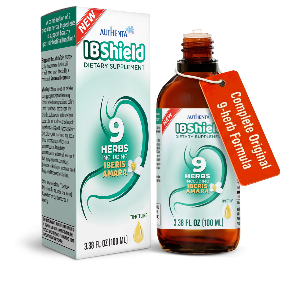 AUTHENTA IBShield: botella frontal destacando formato tintura para digestión suave