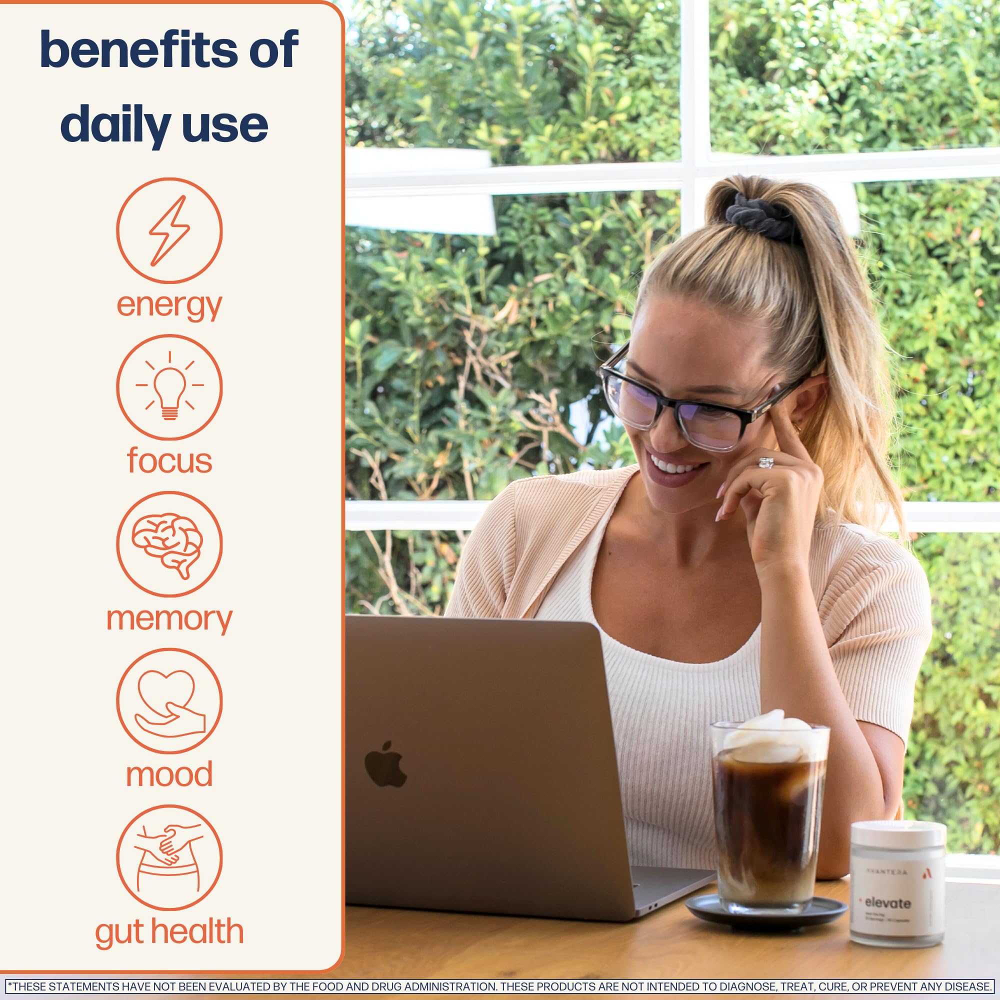 Avantera Elevate: ingredientes clave bacopa y l-teanina para claridad mental.