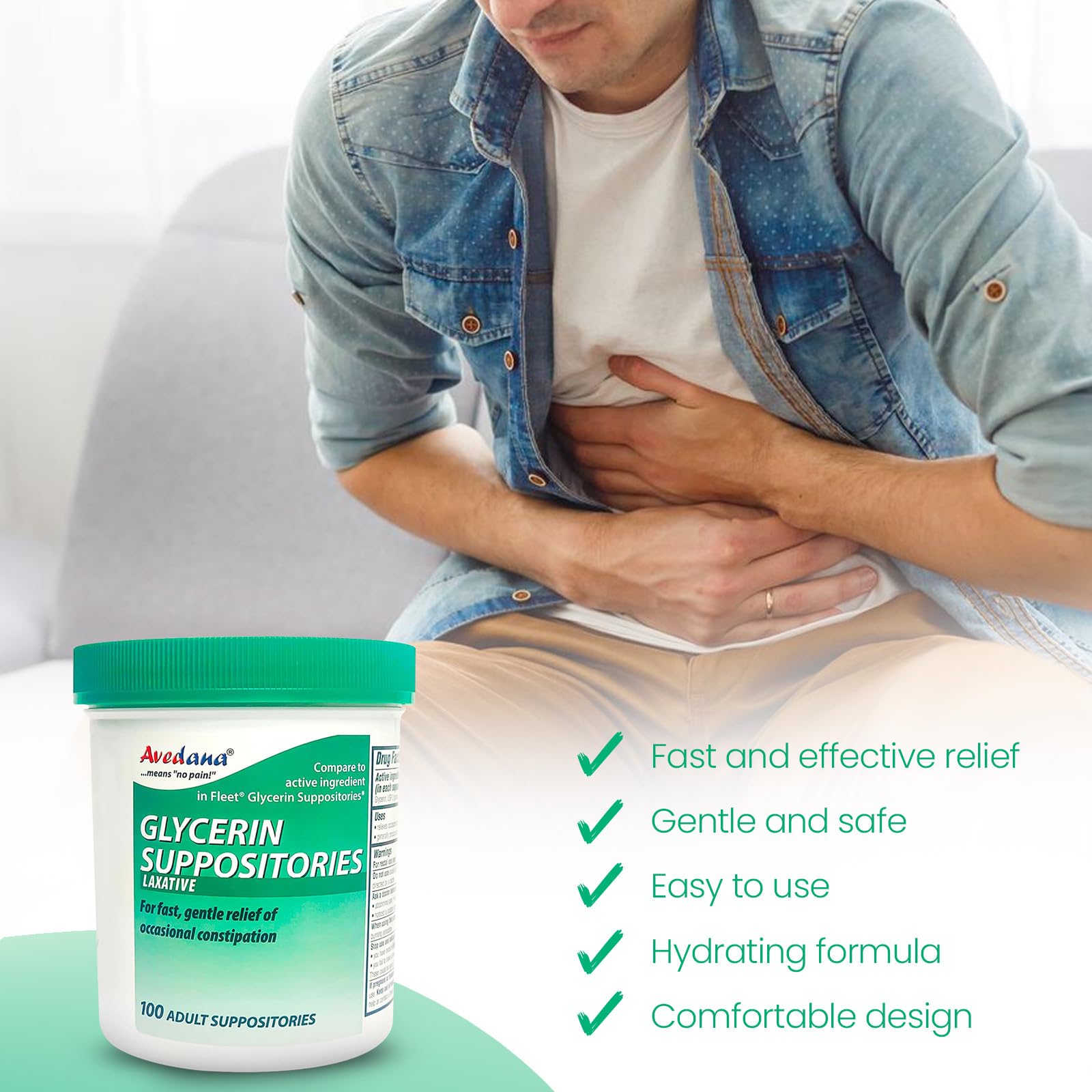 Supositorio AVEDANA 2g, apto para uso masculino y femenino.