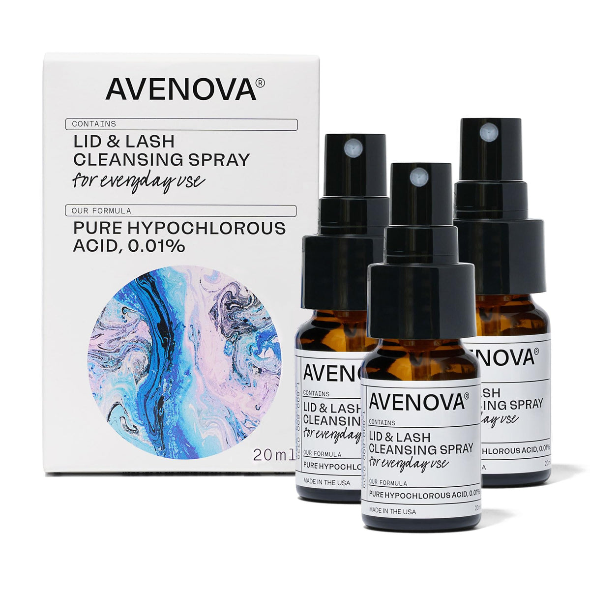 Avenova: botella de vidrio de 20 ml para limpieza suave de ojos.