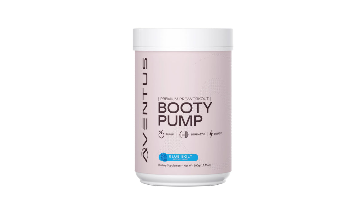 Aventus Booty Pump en polvo de pre-entrenamiento para impulso de energía y bombeo muscular.