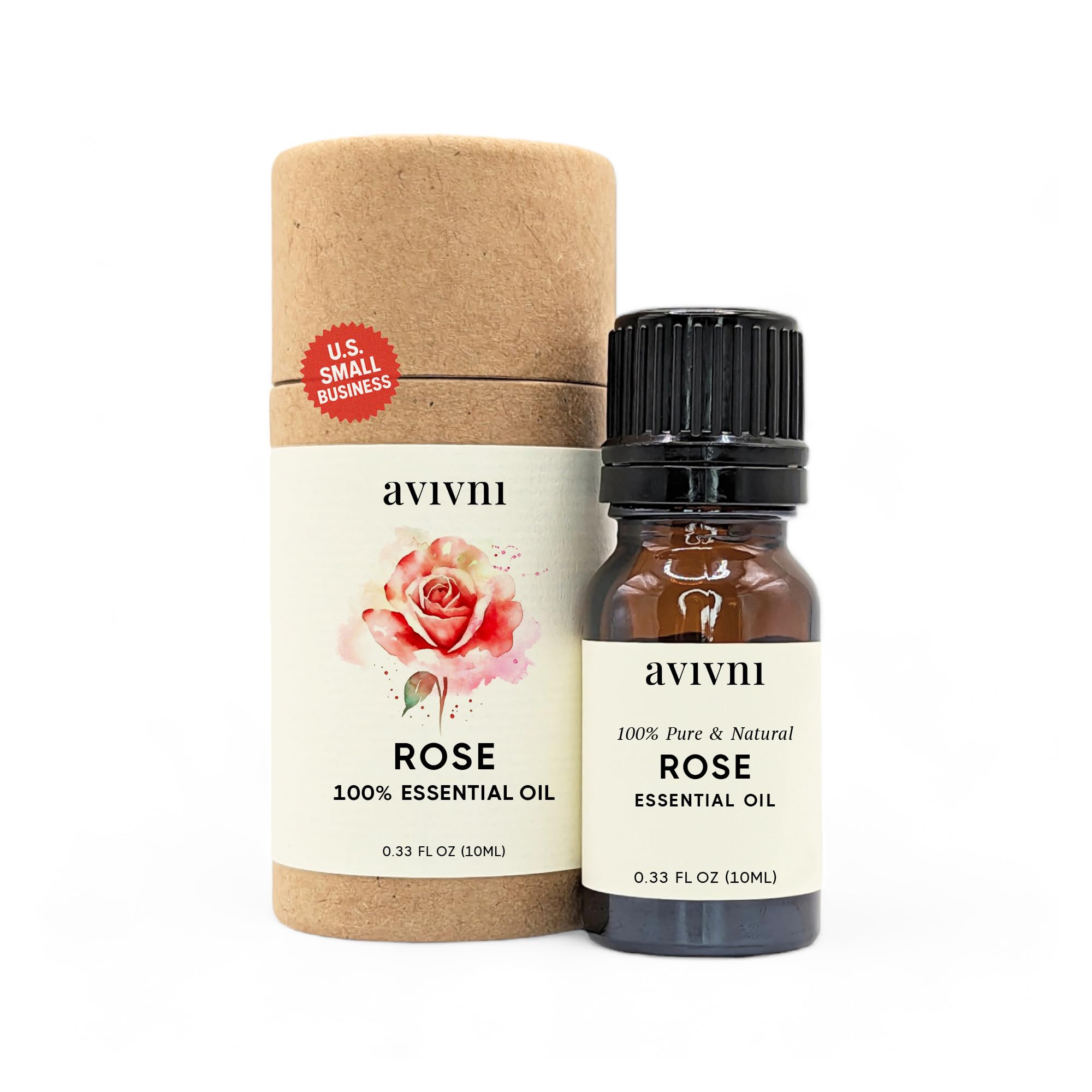Frasco de Avivni Rose: aceite esencial puro para aromaterapia relajante.