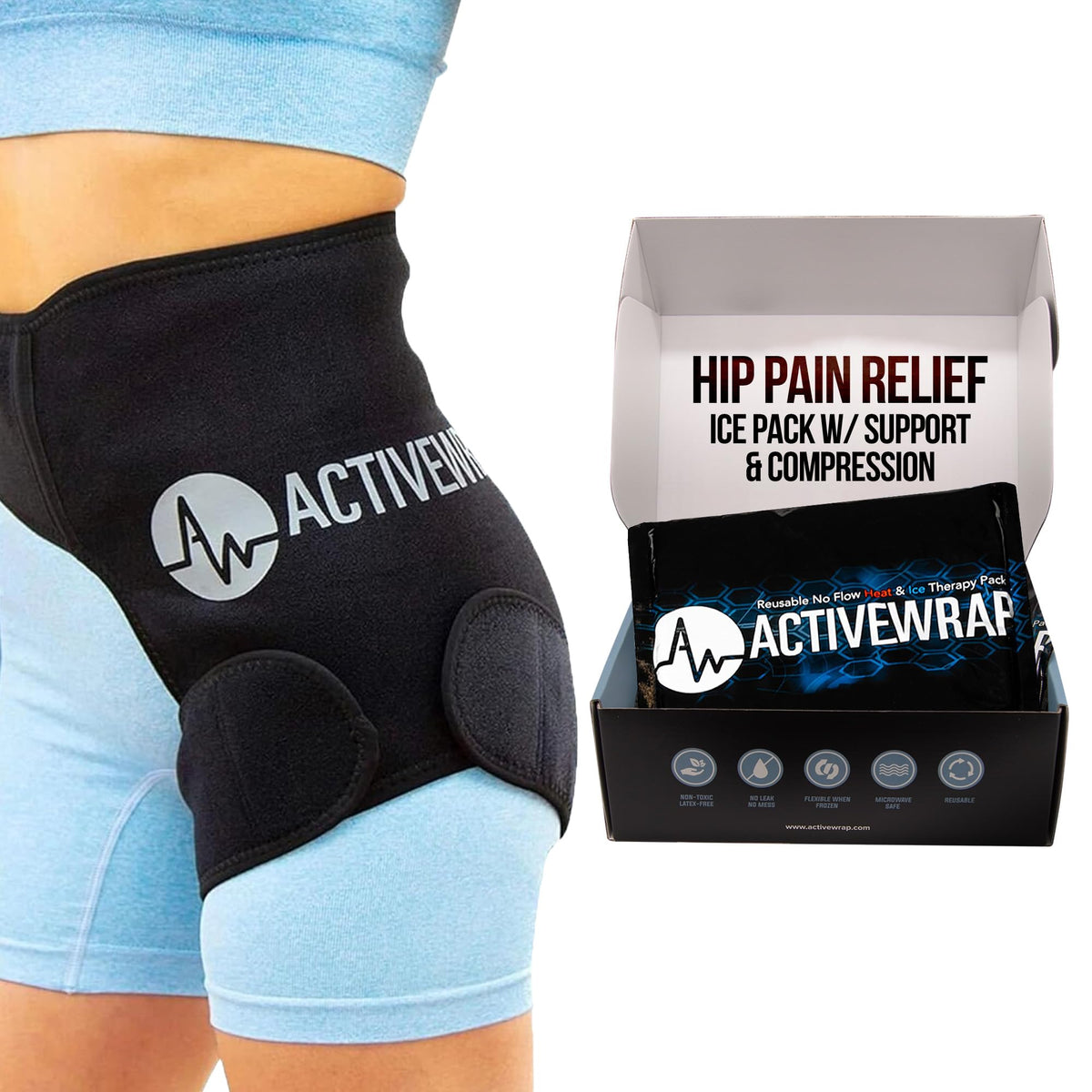 AW ACTIVEWRAP muestra la cadera con cinta de compresión frío para alivio localizado.