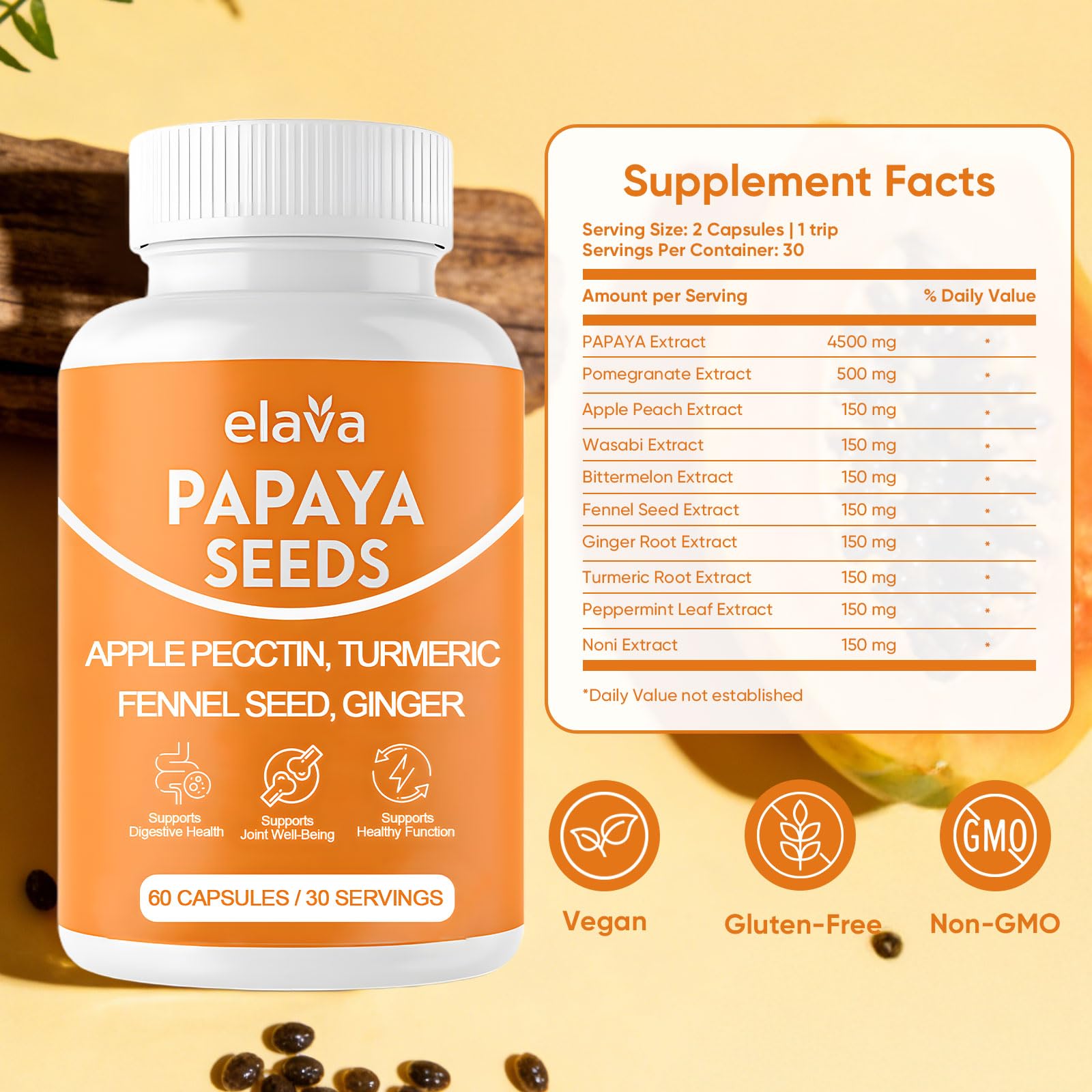 Etiqueta frontal de Awjsde Elava papaya con antioxidantes y fibra