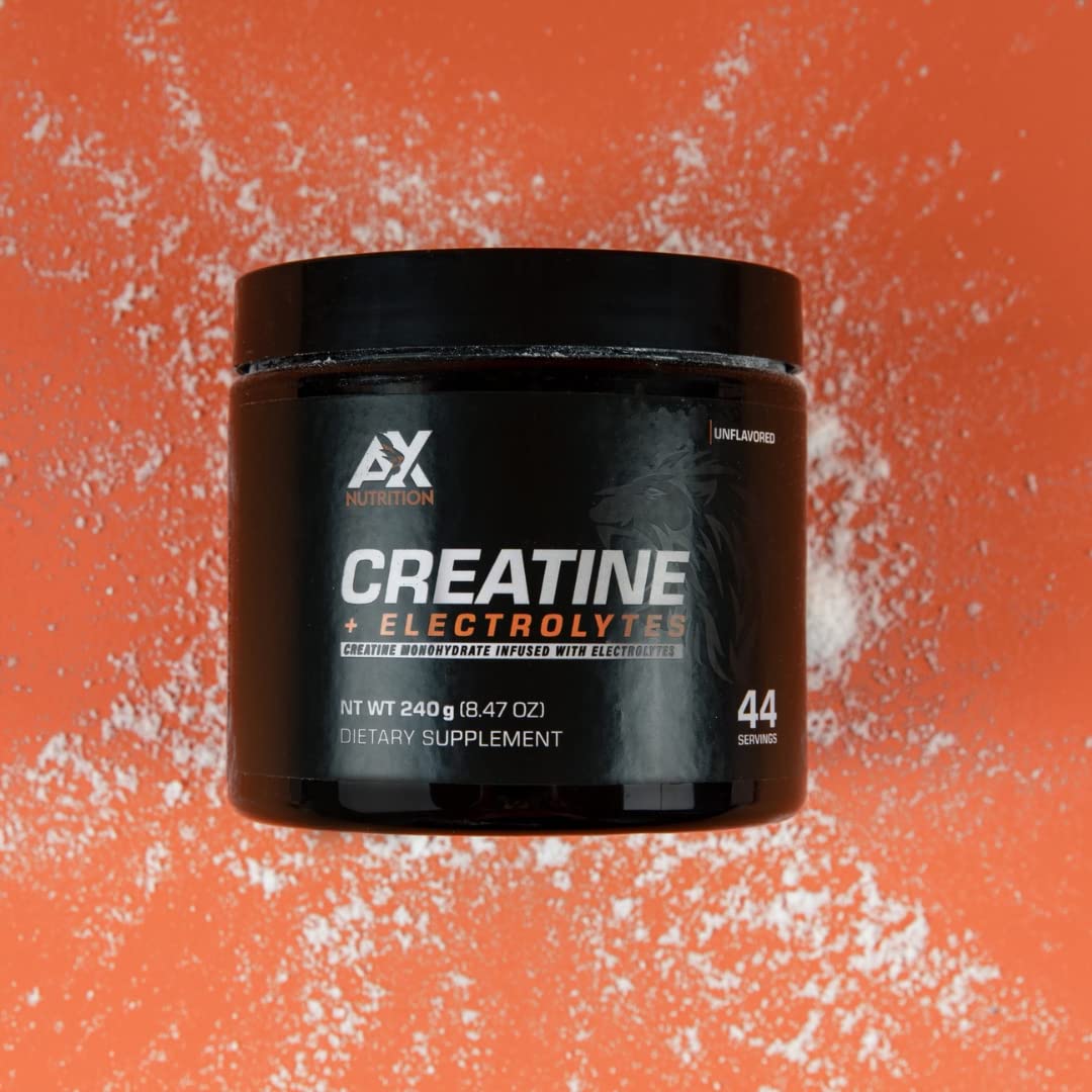 AX Nutrition Creatina + Electrolytes, cuchara de medición incluida para mezclar en agua.