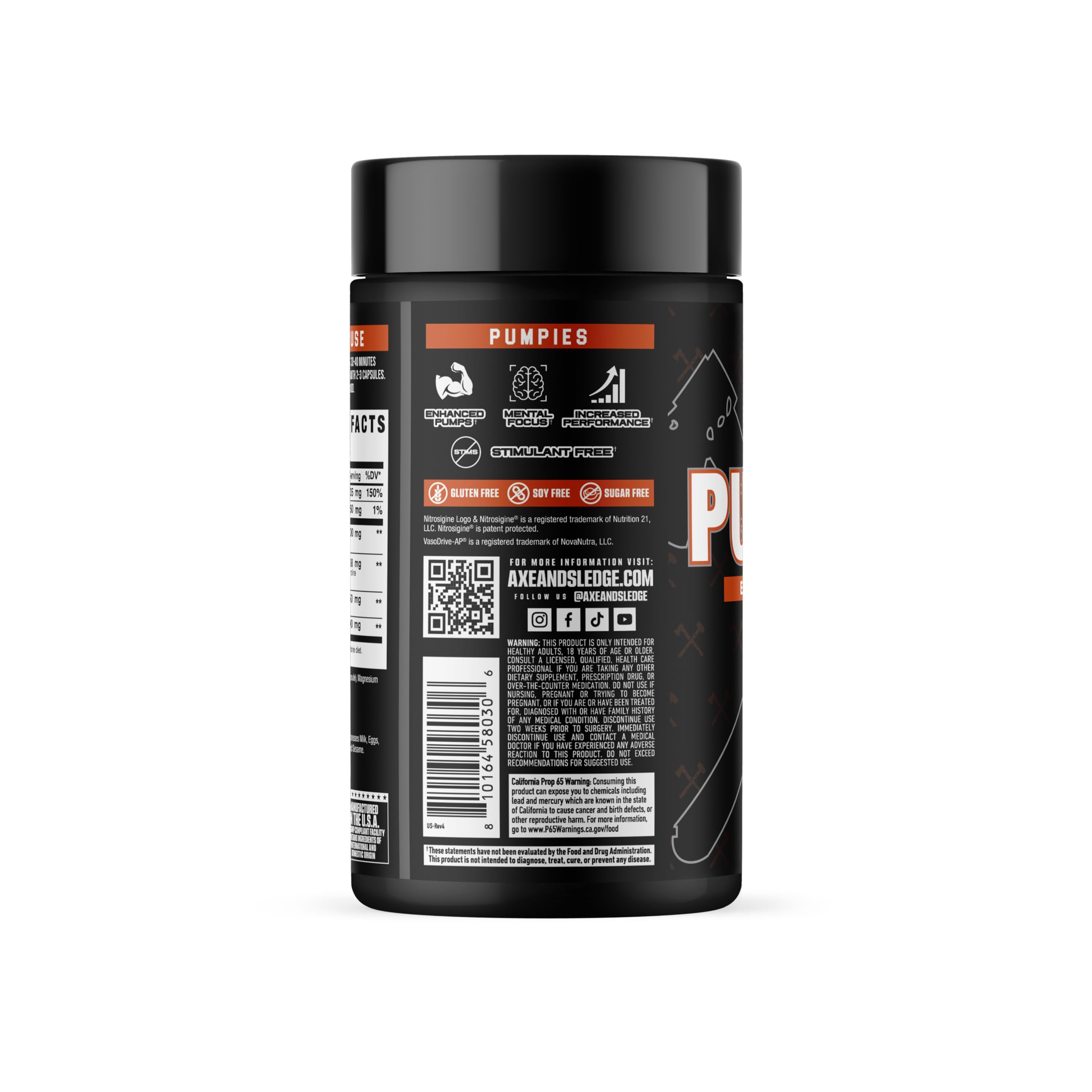 Axe & Sledge PUMPIES etiqueta clara muestra dosis y beneficios potenciales