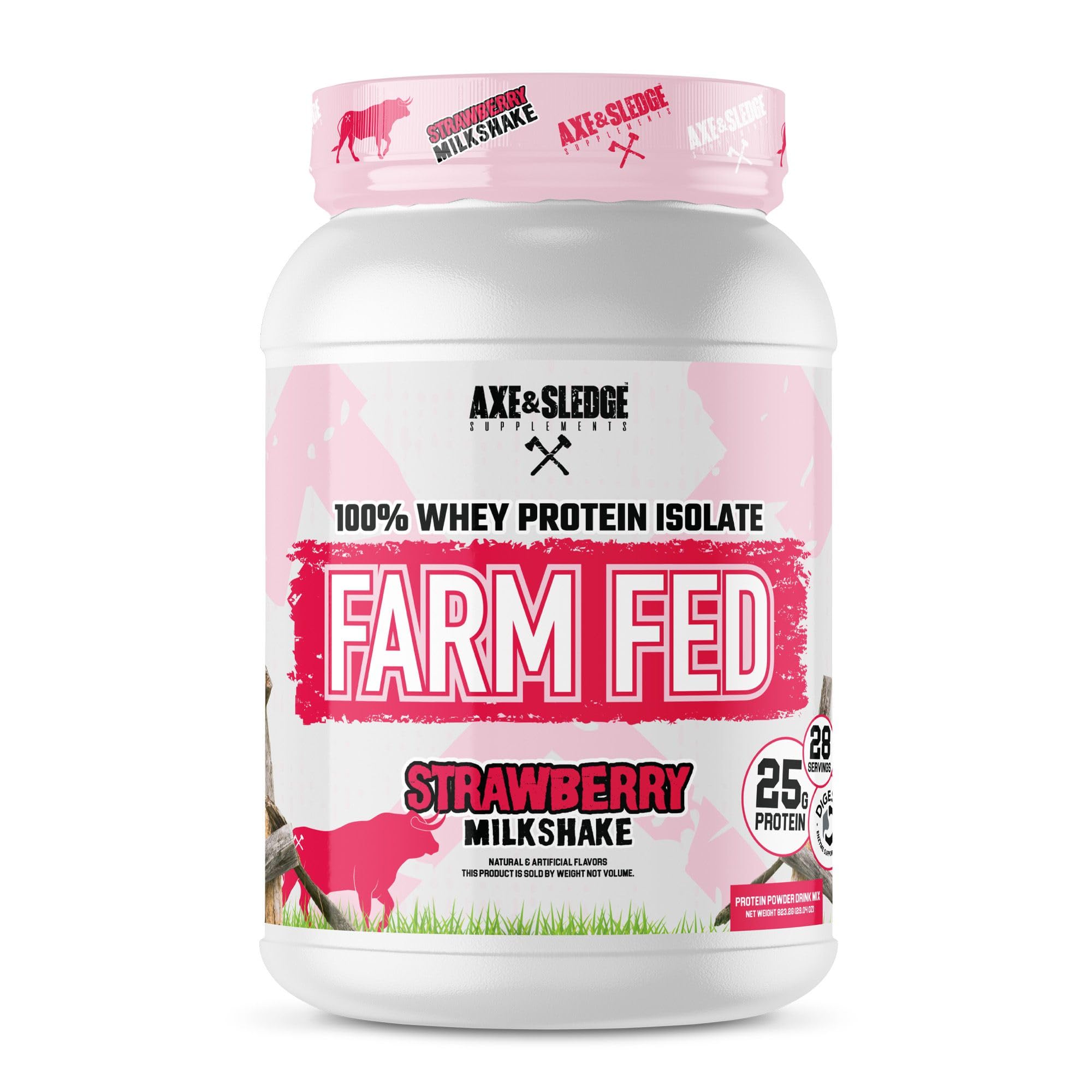 Axe & Sledge Farm Fed whey aislada en frasco, apoya crecimiento muscular.