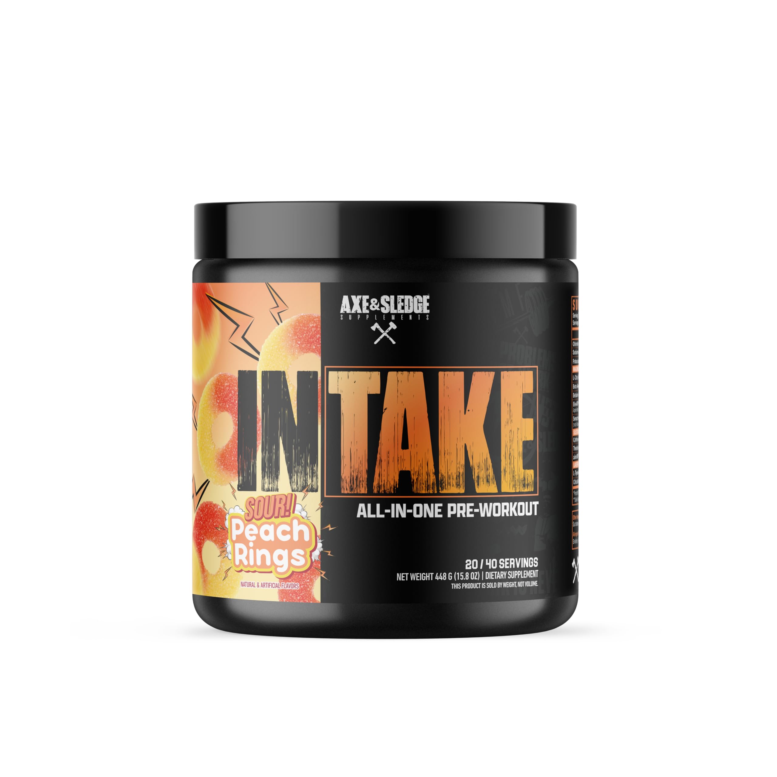 Axe & Sledge Intake, bote sabor melocotón ácido, energía sostenida para entrenos intensos.