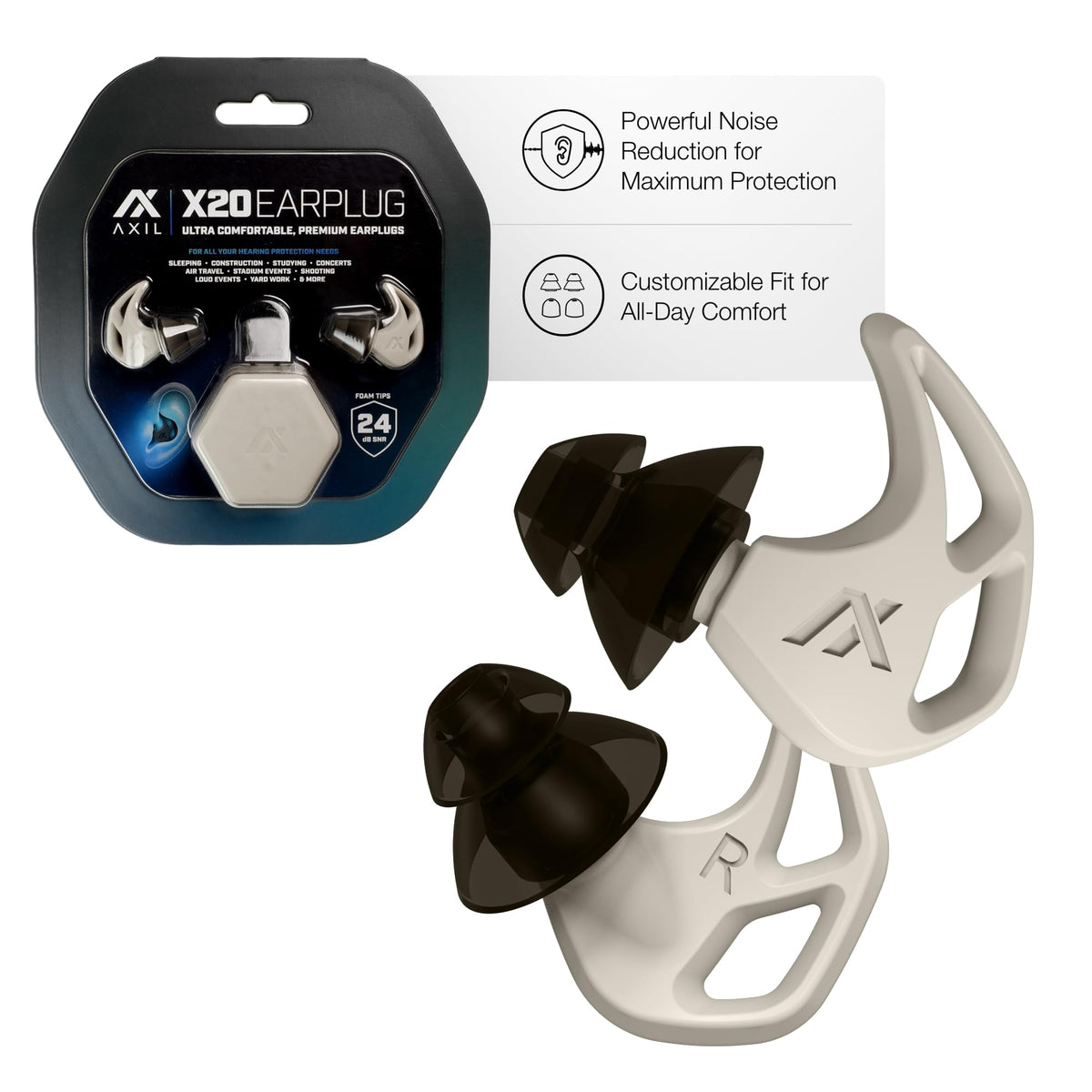 AXIL X20 con tapas de espuma mediana para ajuste cómodo y reducción de ruido