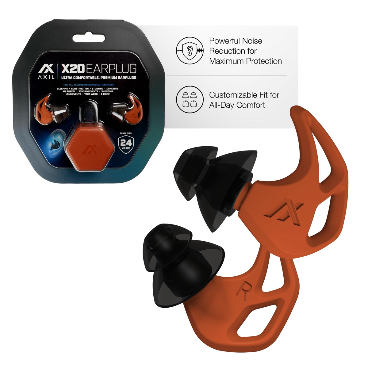 Tapones auditivos AXIL X20 naranja con ajuste personalizable para dormir y viajar