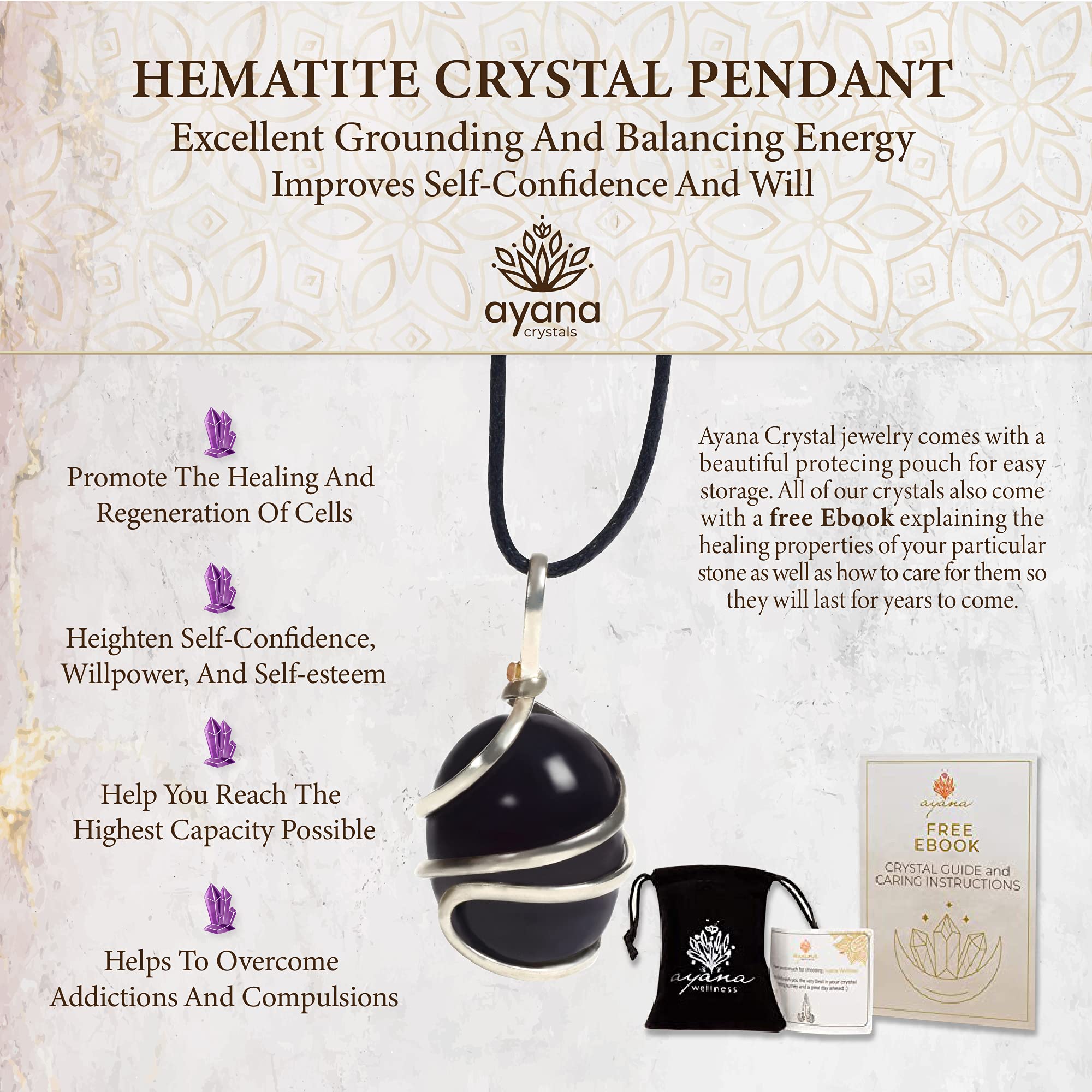 Empaque cuidado del colgante hematita, regalo significativo de Ayana Wellness.