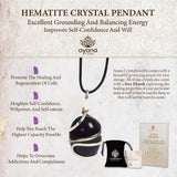 Empaque cuidado del colgante hematita, regalo significativo de Ayana Wellness.