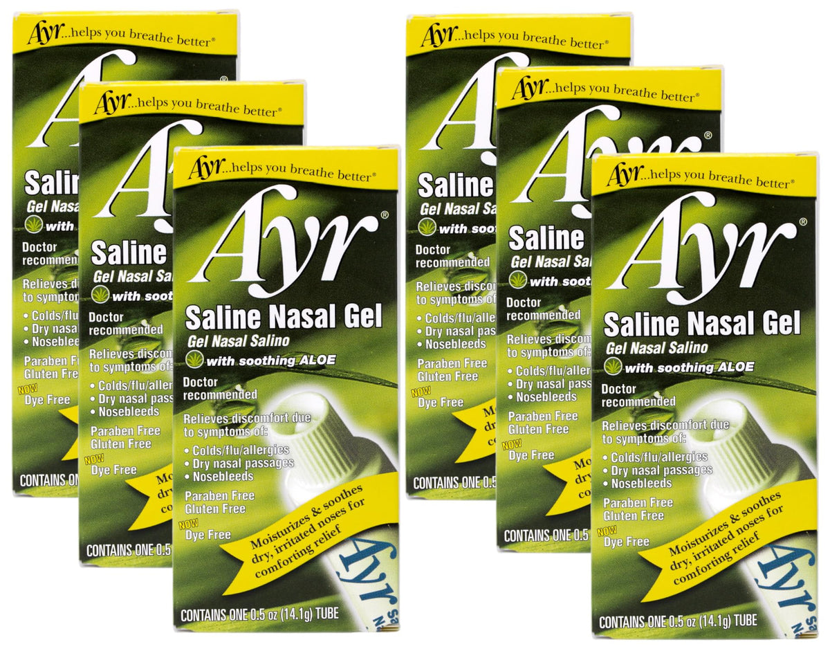 AYR gel nasal salino con Aloe, botella visible, hidrata suavemente las fosas nasales.