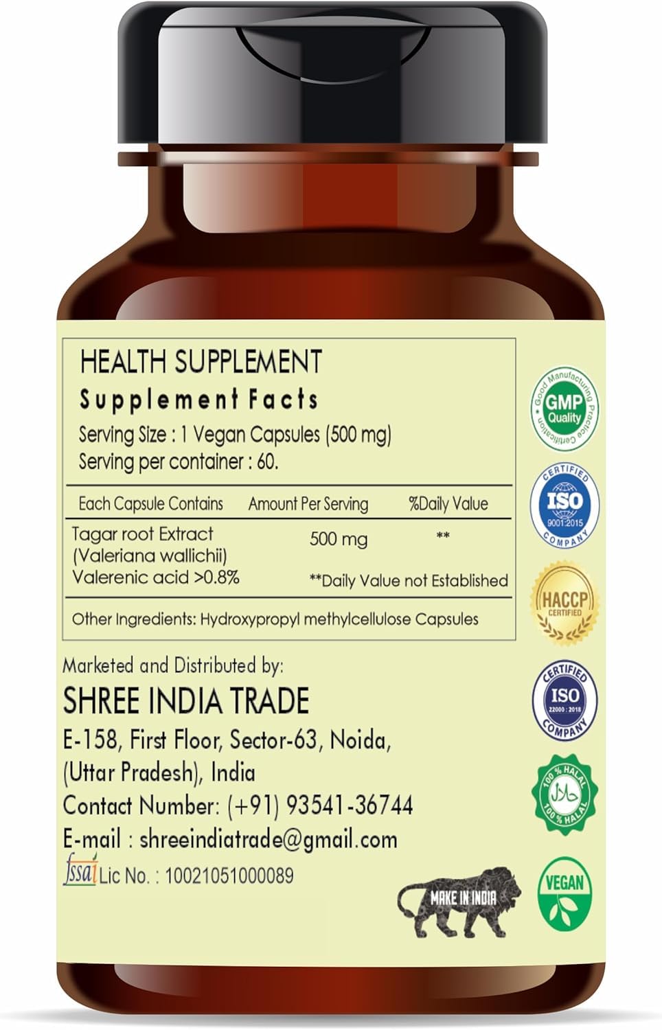 AYURVEDASHREE Tagar Extract 500mg: caja de cápsulas apta para dietas veganas