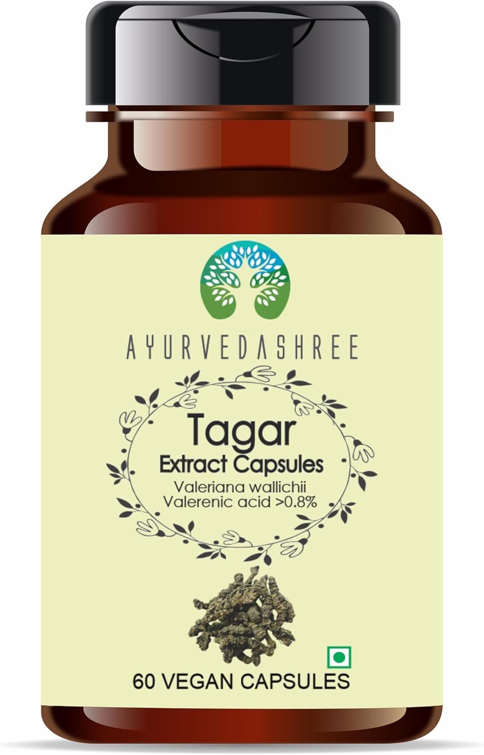 AYURVEDASHREE Tagar Extract 500mg: frasco con cápsulas para uso diario