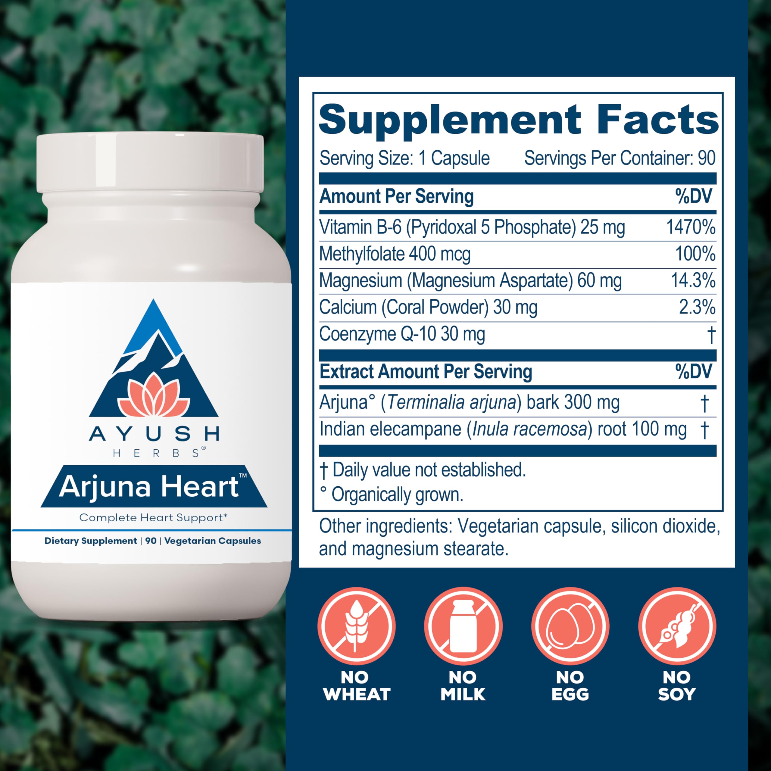 Ayush Herbs Arjuna Heart etiqueta frontal: información clara de ingredientes.