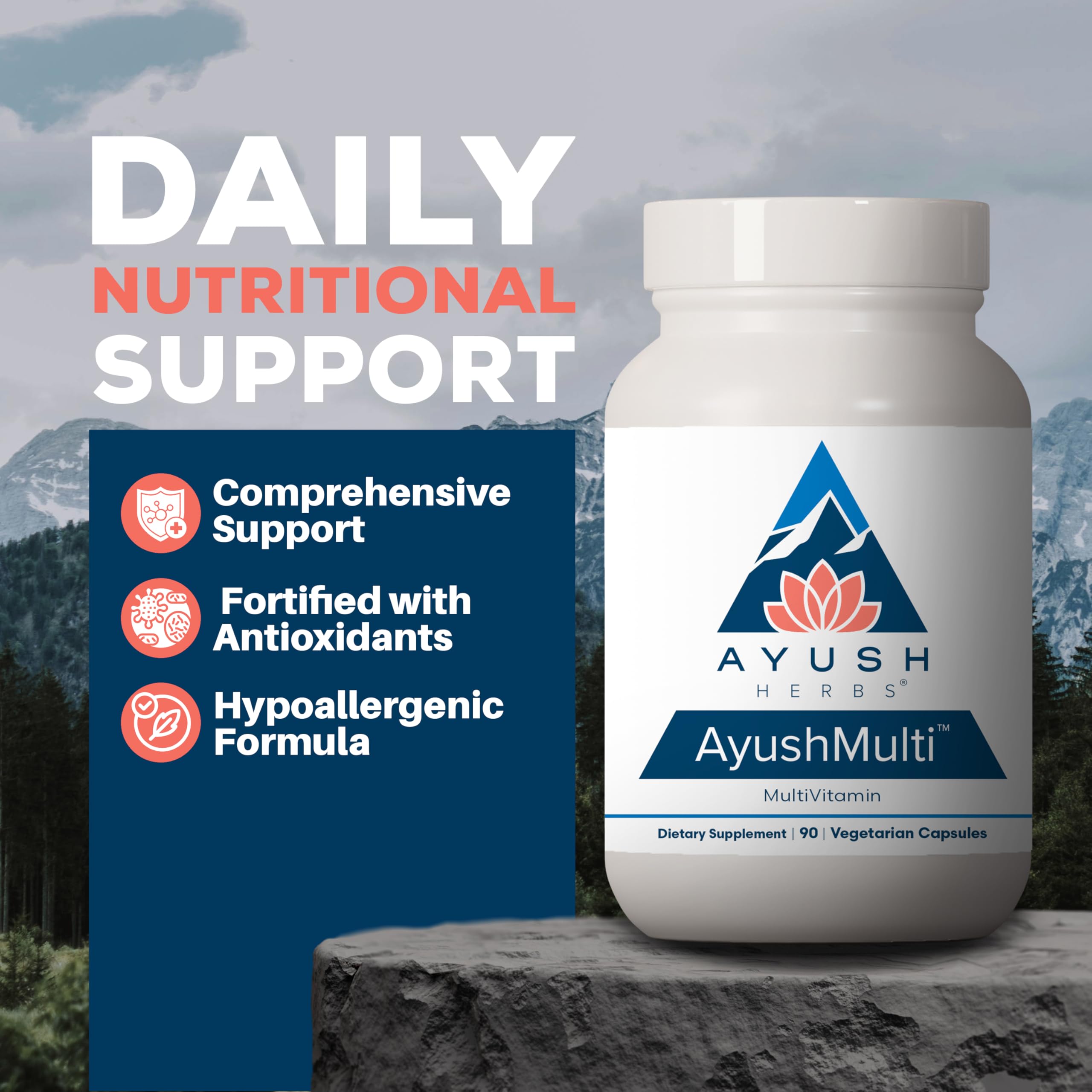 Ayush Multi: caja y etiqueta legible que destacan beneficios para la salud general
