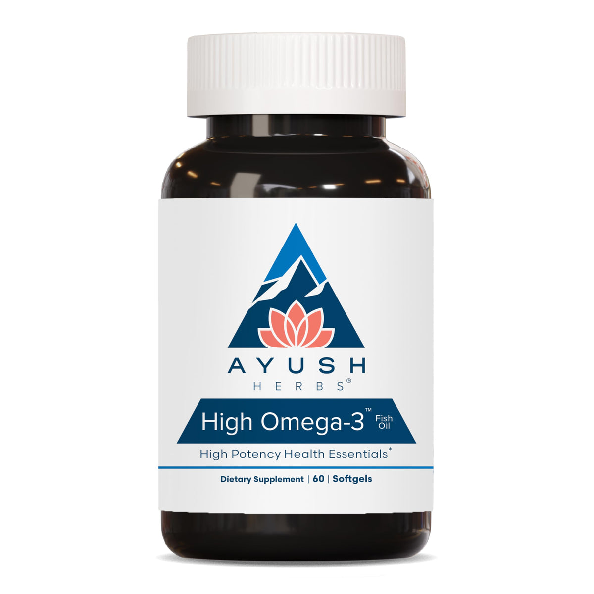 Ayush Herbs High Omega 3: botella de cápsulas suaves lista para tomar diariamente.