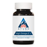 Ayush Herbs High Omega 3: botella de cápsulas suaves lista para tomar diariamente.