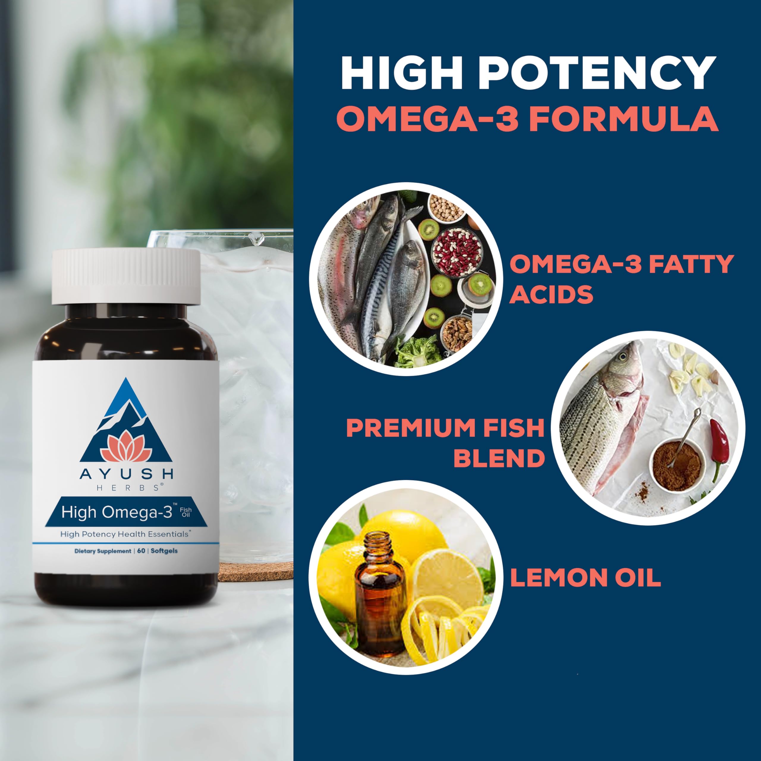 Ayush Herbs High Omega 3: envase trasero mostrando composición y dosis.
