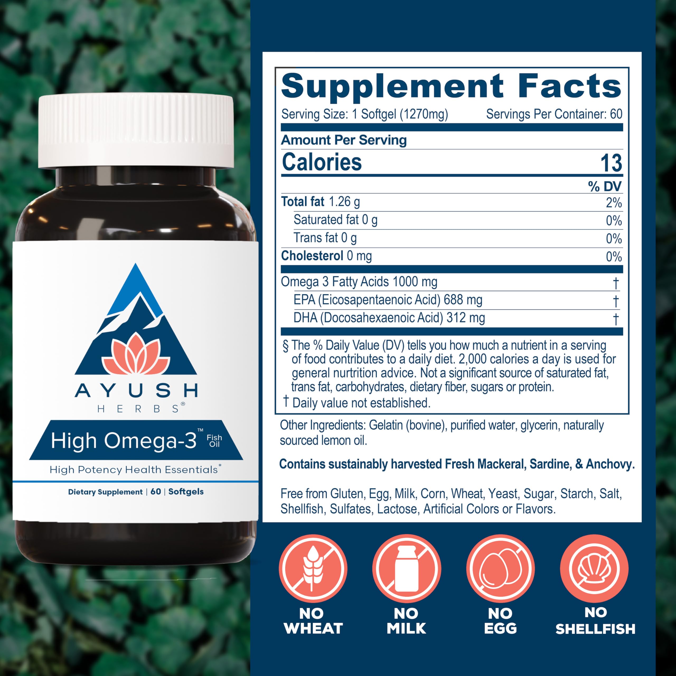 Ayush Herbs High Omega 3: etiqueta visible con resumen de EPA y DHA.