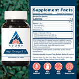 Ayush Herbs High Omega 3: etiqueta visible con resumen de EPA y DHA.