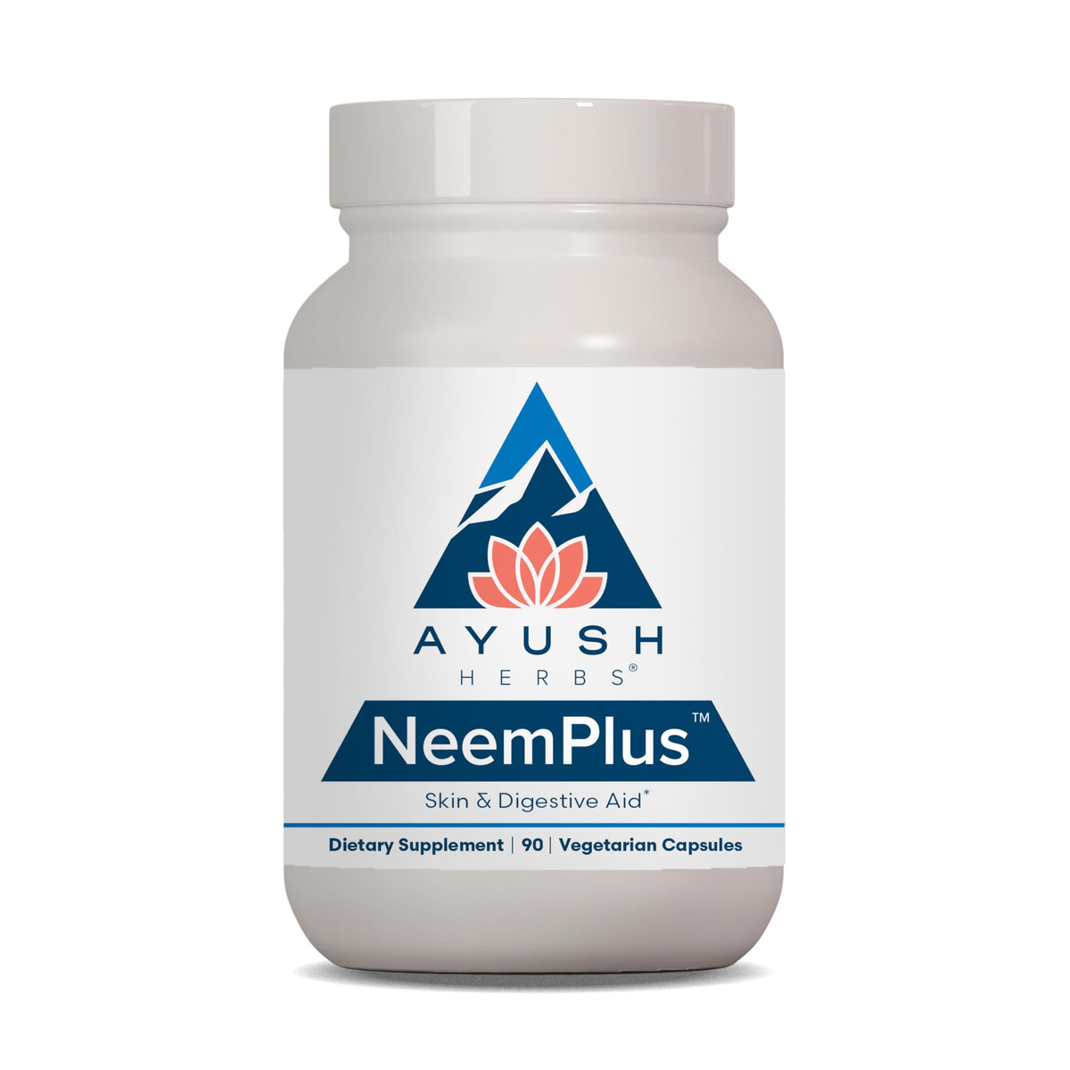Frasco de cápsulas de Neem Plus de Ayush Herbs para apoyo digestivo diario.