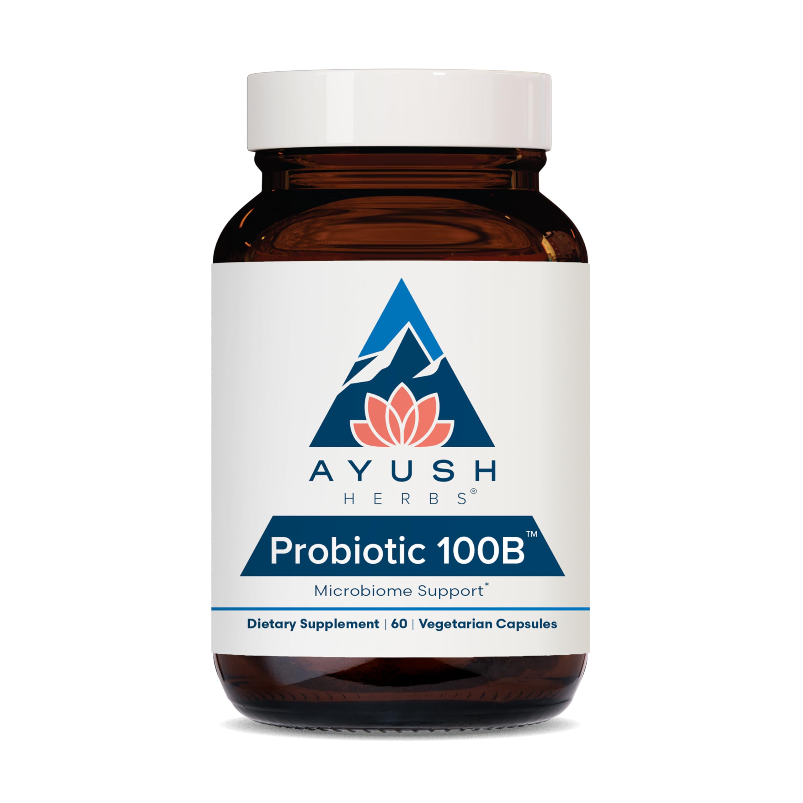 Ayush Herbs Probiótico 100B, botella para apoyo diario de la salud digestiva.