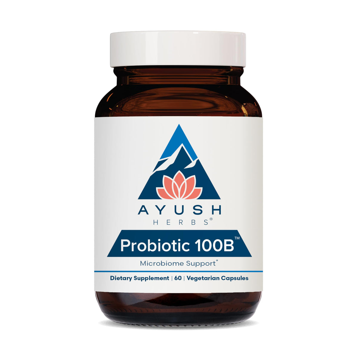 Ayush Herbs Probiótico 100B, botella para apoyo diario de la salud digestiva.