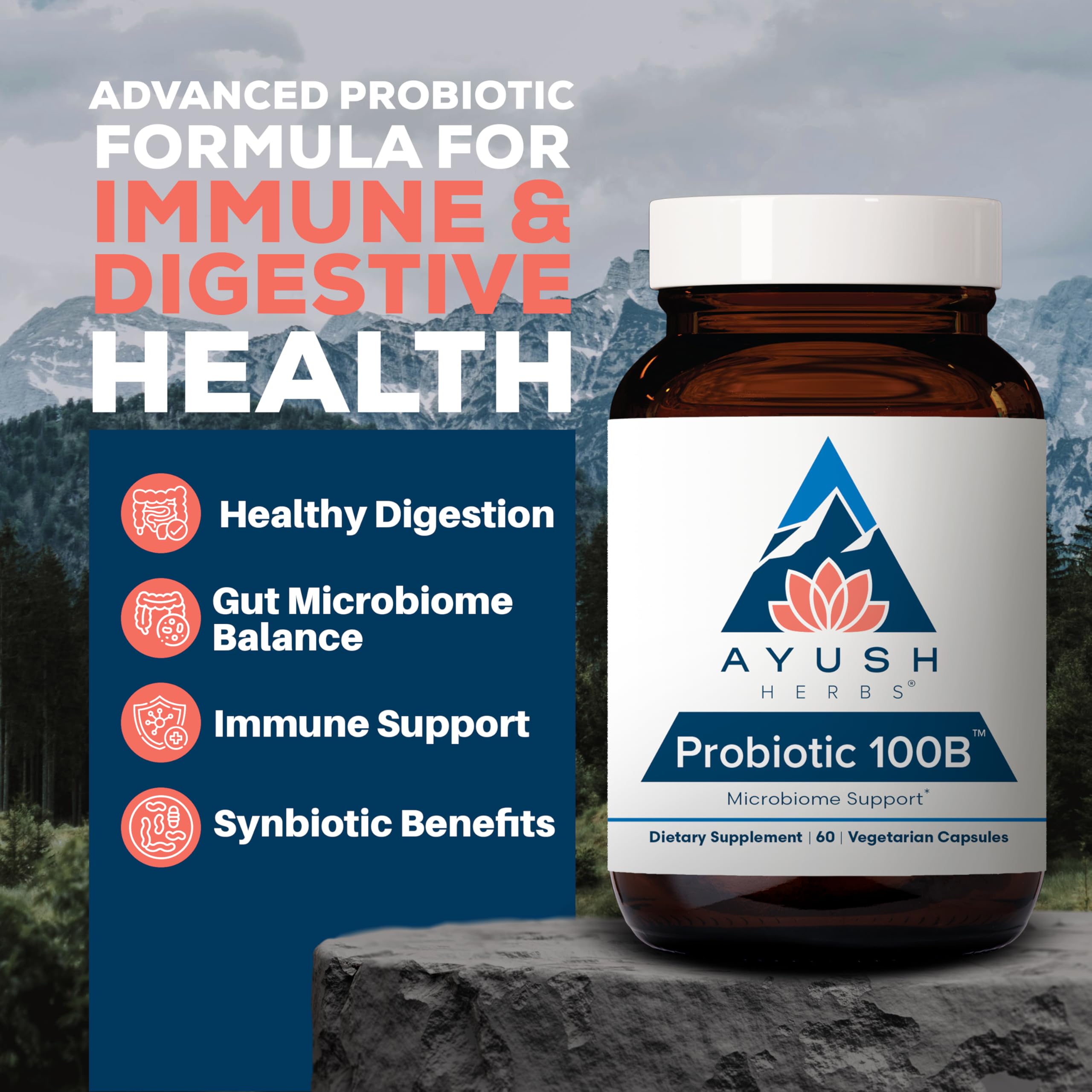 Ayush Herbs Probiótico 100B, cápsulas fáciles de tomar para el microbioma.