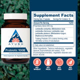 Ayush Herbs Probiótico 100B, etiqueta clara con la fórmula prebiótica.