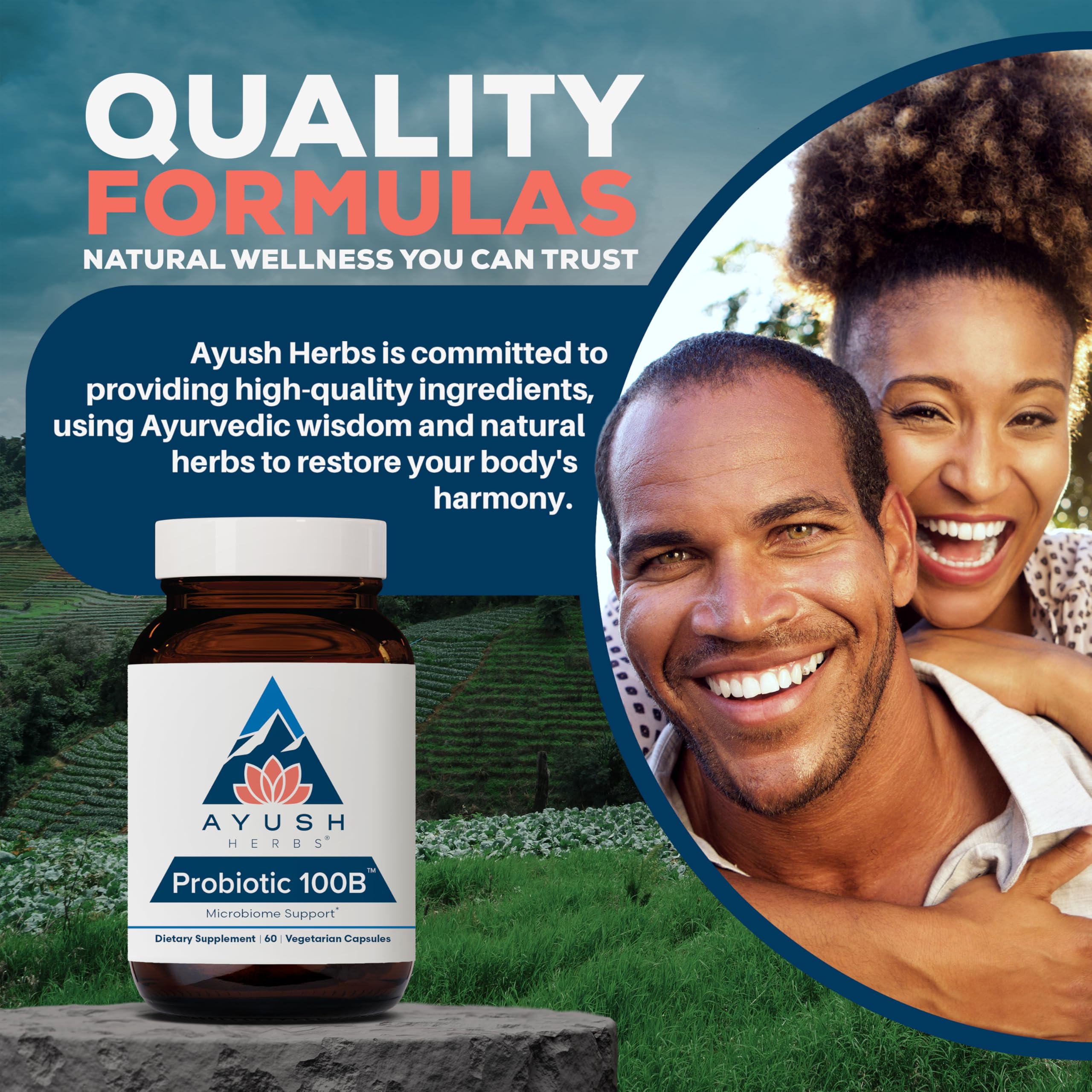 Ayush Herbs Probiótico 100B, opción sin alérgenos para la salud intestinal.