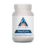 Ayush Herbs Regu-Cycle botella con cápsulas para equilibrio hormonal.