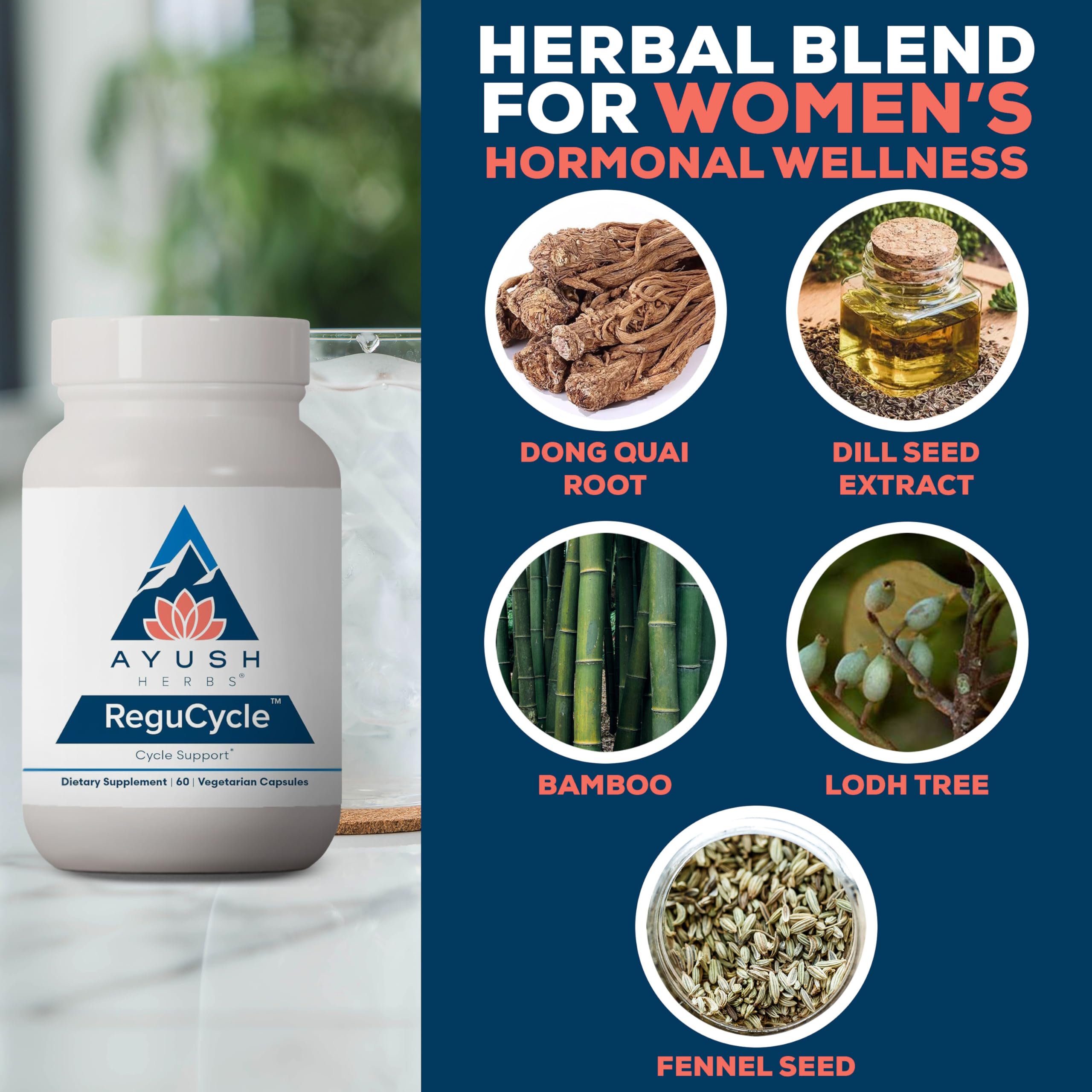 Ayush Herbs Regu-Cycle cápsulas vegetarianas para equilibrio hormonal durante el ciclo.