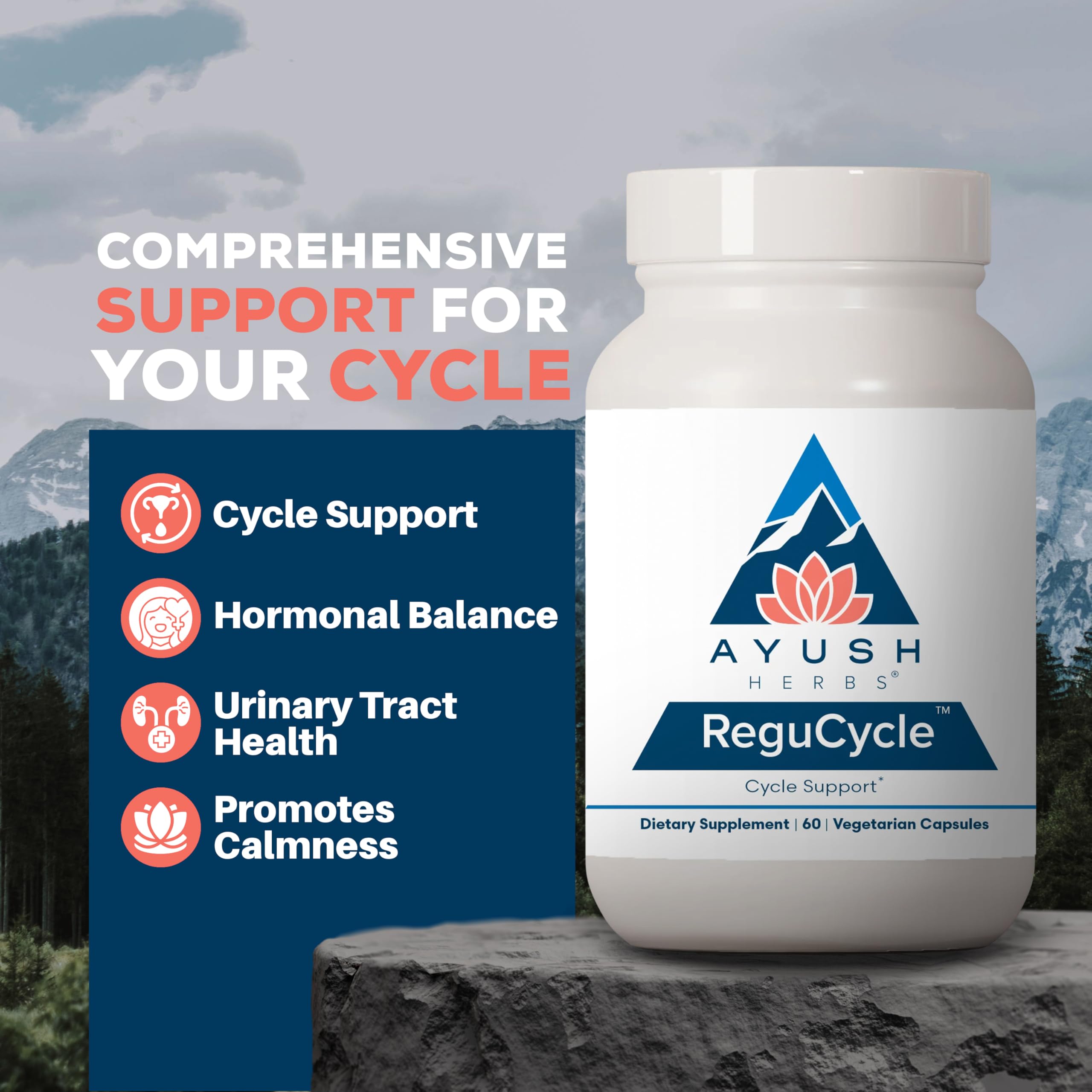 Ayush Herbs Regu-Cycle etiqueta destacando ingredientes herbales clave para bienestar femenino.
