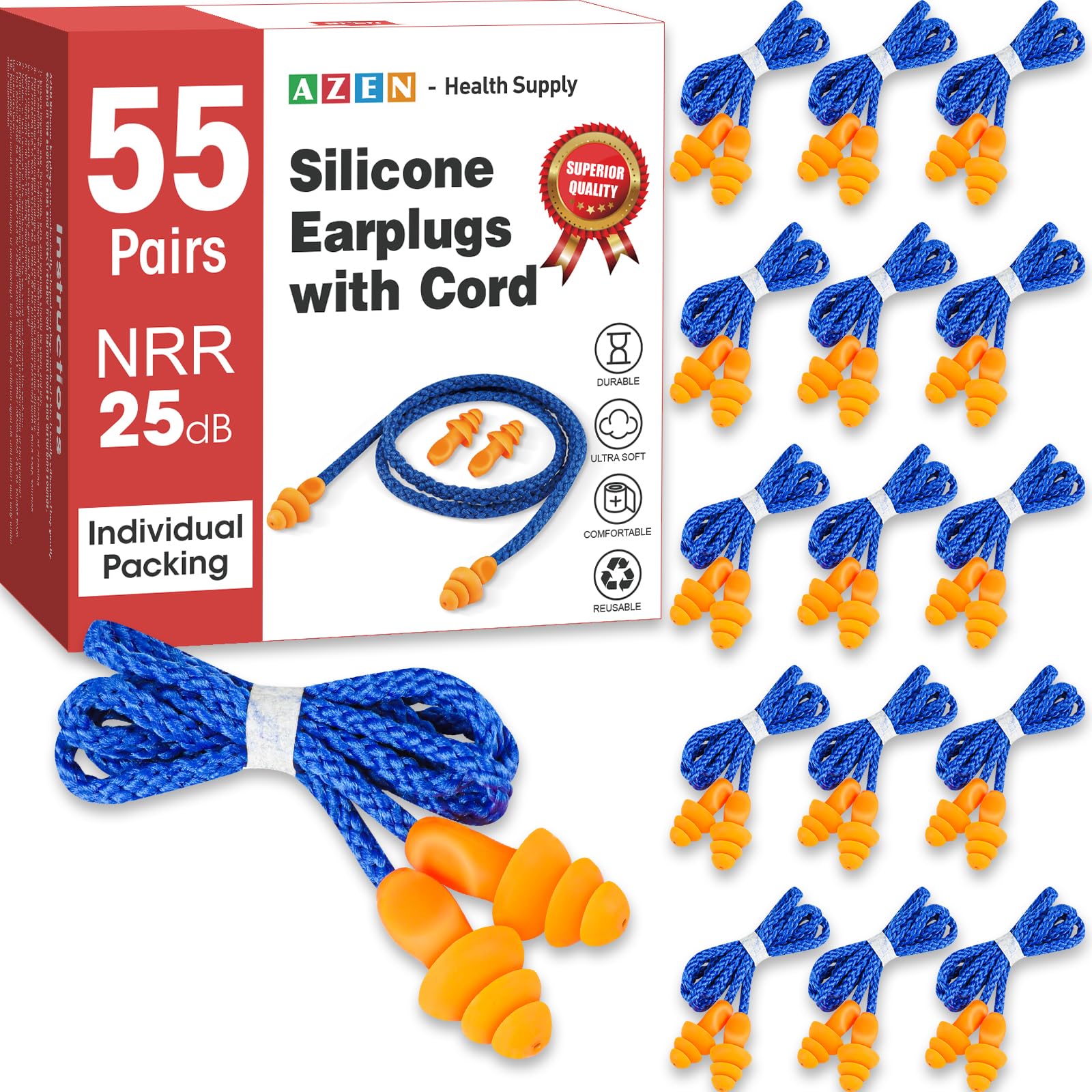 AZEN tapones de silicona 55 pares con cordón para viaje e higiene.