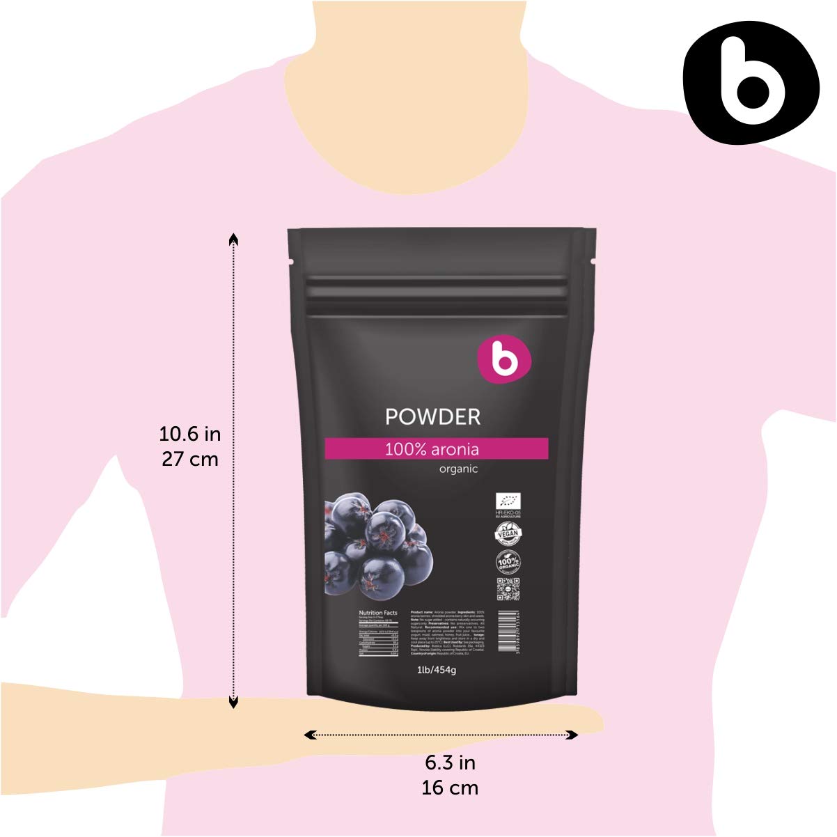 Polvo de Aronia Negra de la marca b, aporta antioxidantes para un estilo de vida saludable.