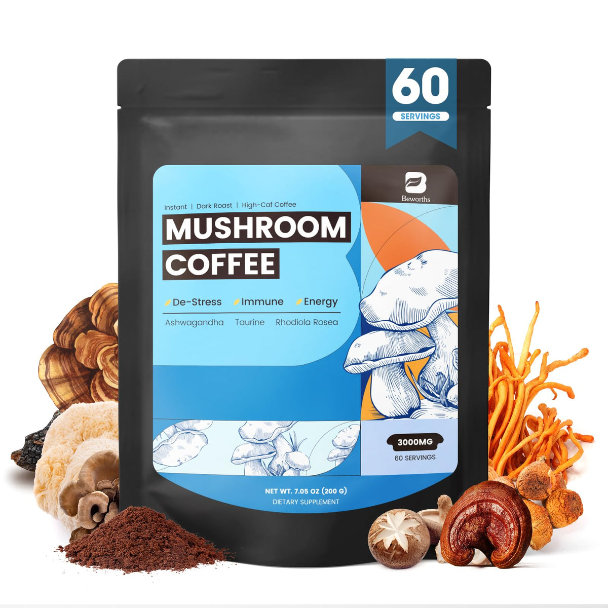 Polvo de café hongos B BEWORTHS con ashwagandha para energía sostenida