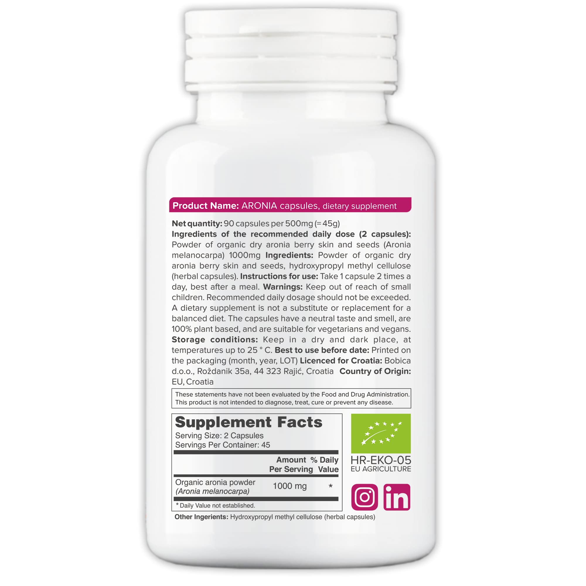 Frasco de cápsulas veganas de b con aronia para dosis diaria