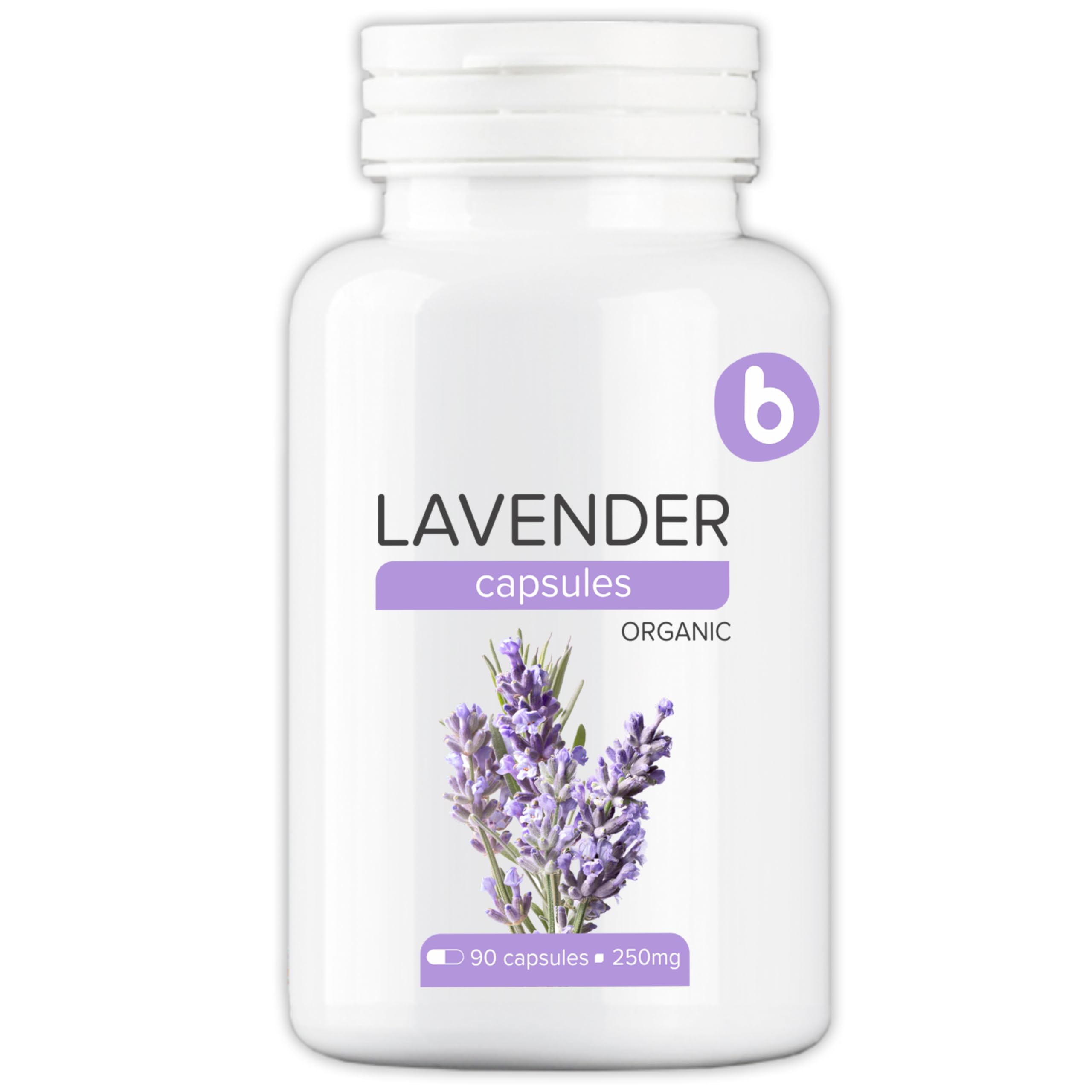 Cápsulas de lavanda de la marca b en botella, promueven relajación suave y equilibrio.