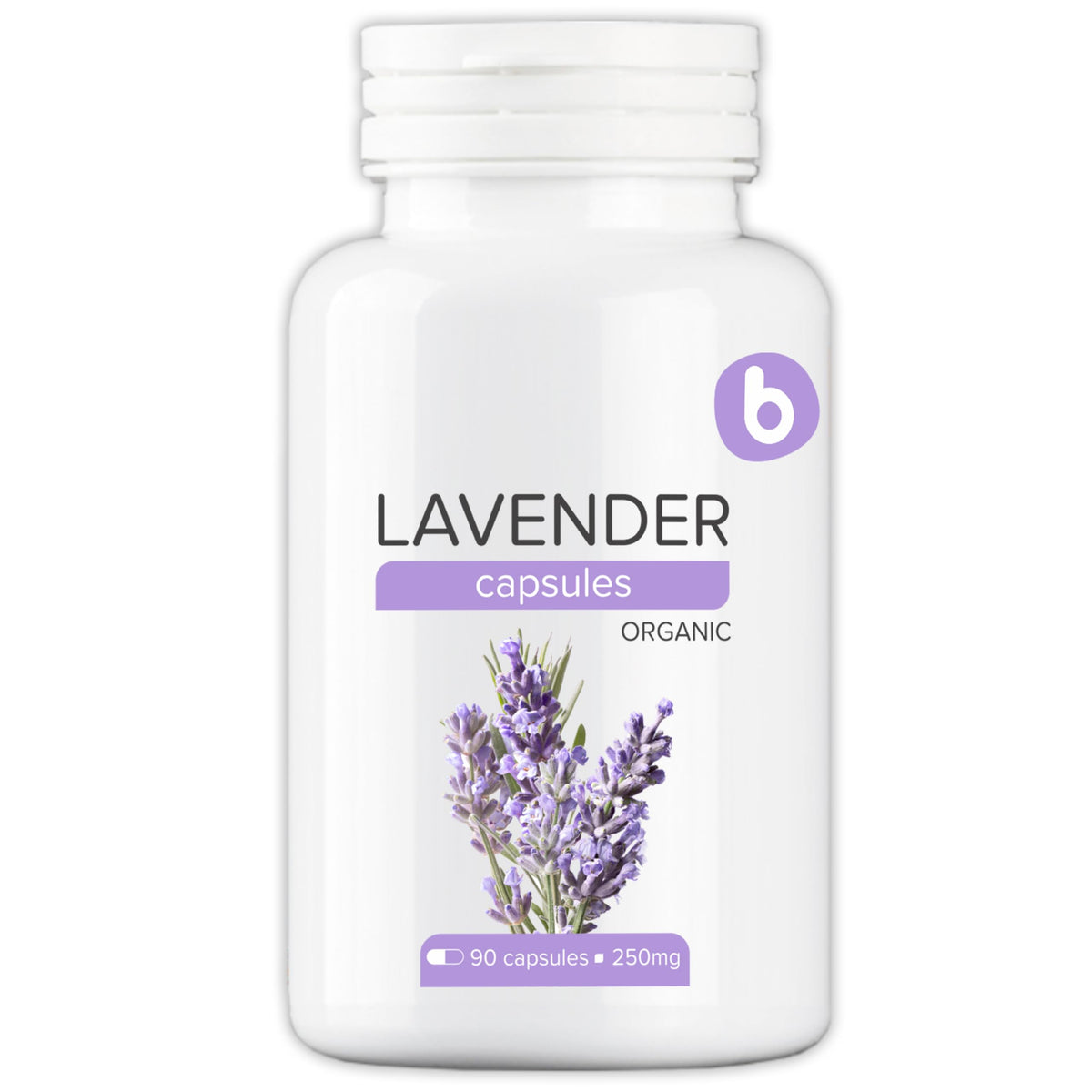 Cápsulas de lavanda de la marca b en botella, promueven relajación suave y equilibrio.